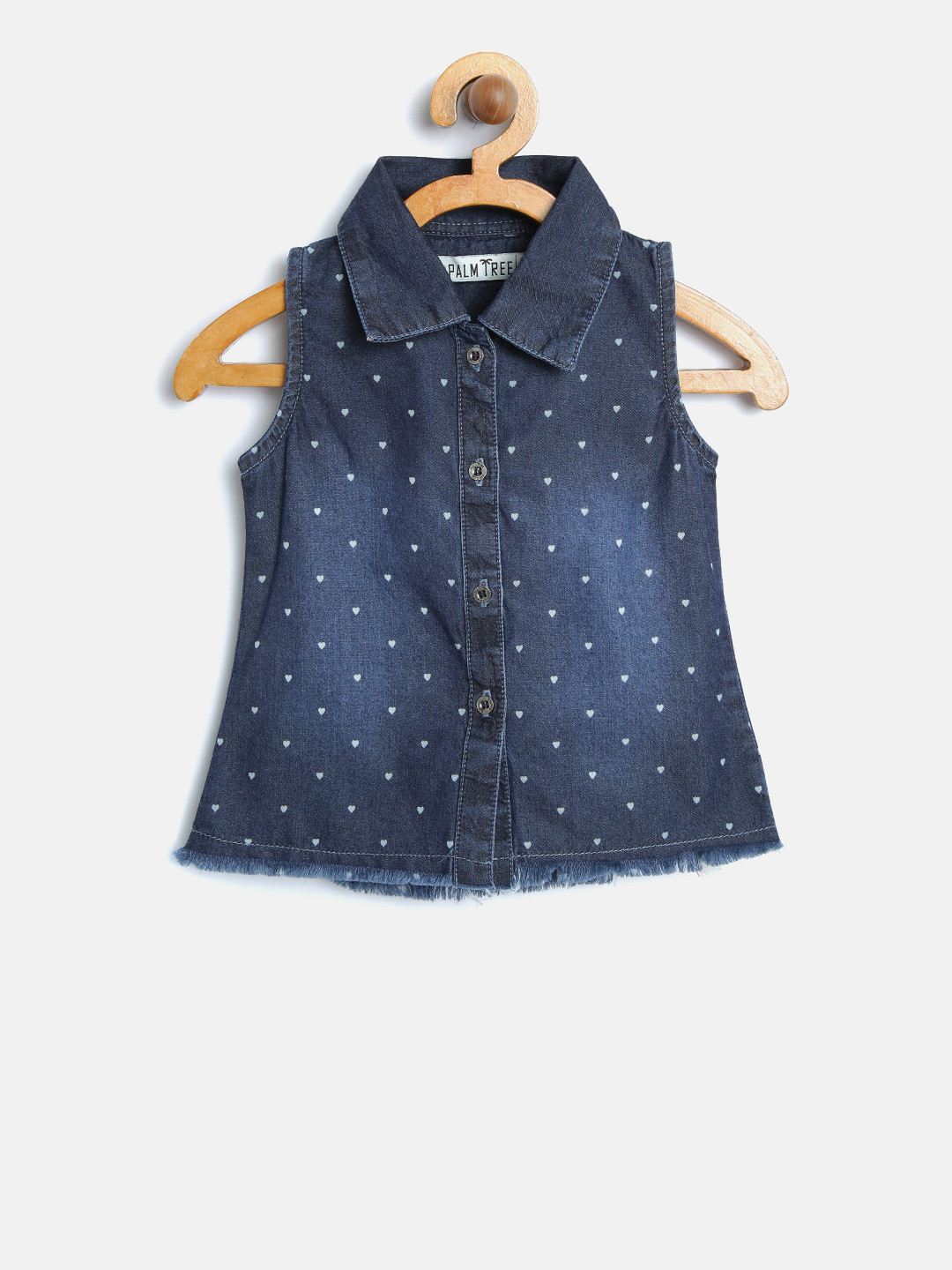 

Palm Tree Girls Navy Blue Regular Fit Heart Print Sleeveless Denim Casual Shirt