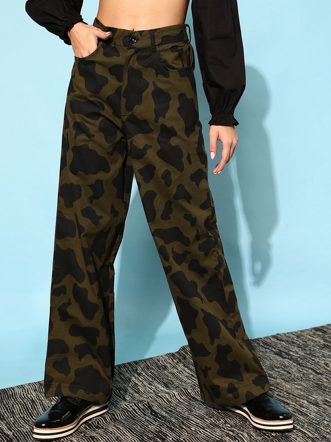 

STREET 9 Women Loose Fit Camouflage Printed Loose Fit High-Rise Trouser, Olive