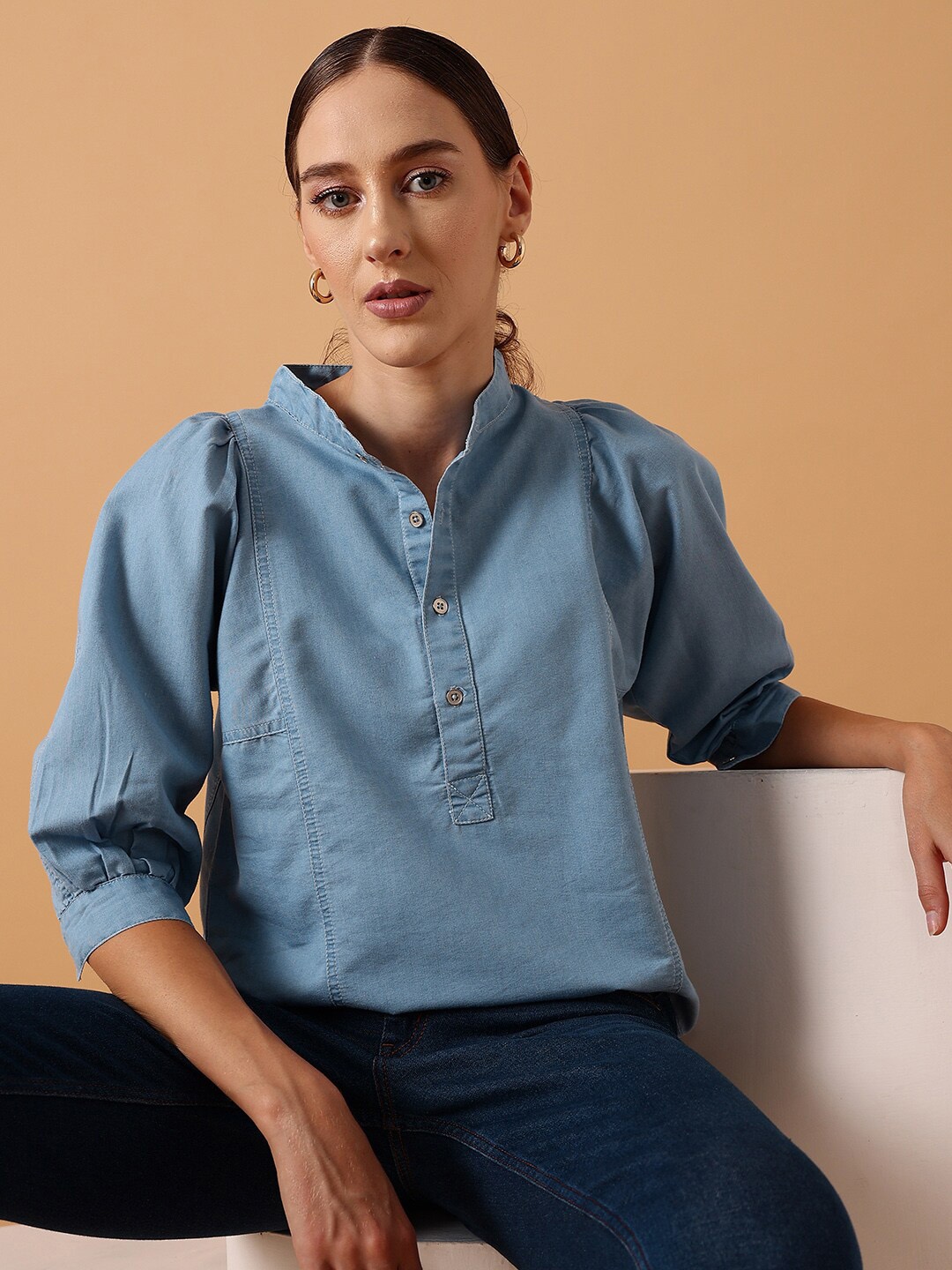 

STREET 9 Band Collar Puff Sleeve Cotton Denim Blouson Top, Blue
