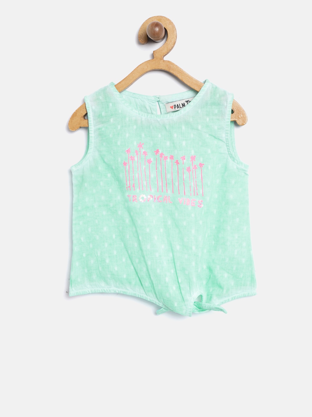 

Palm Tree Girls Sea Green Printed Dobby-Weave Top with Sequinned Detail