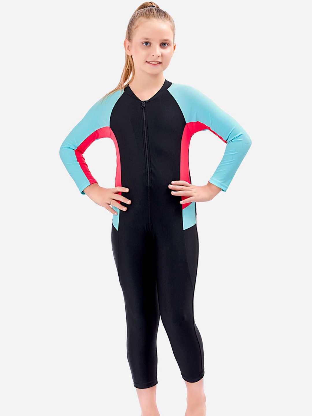 

VELOZ Girls Colorblocked Full Coverage Leg Suit, Black