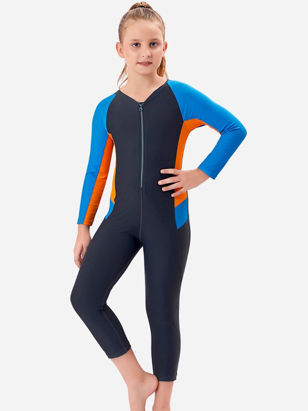 

VELOZ Girls Colorblocked V-Neck Swim Legsuit, Black