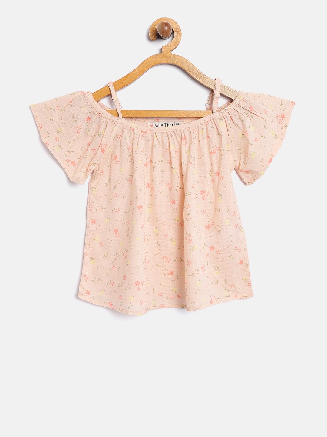 

Palm Tree Girls Peach-Coloured Printed Bardot Top