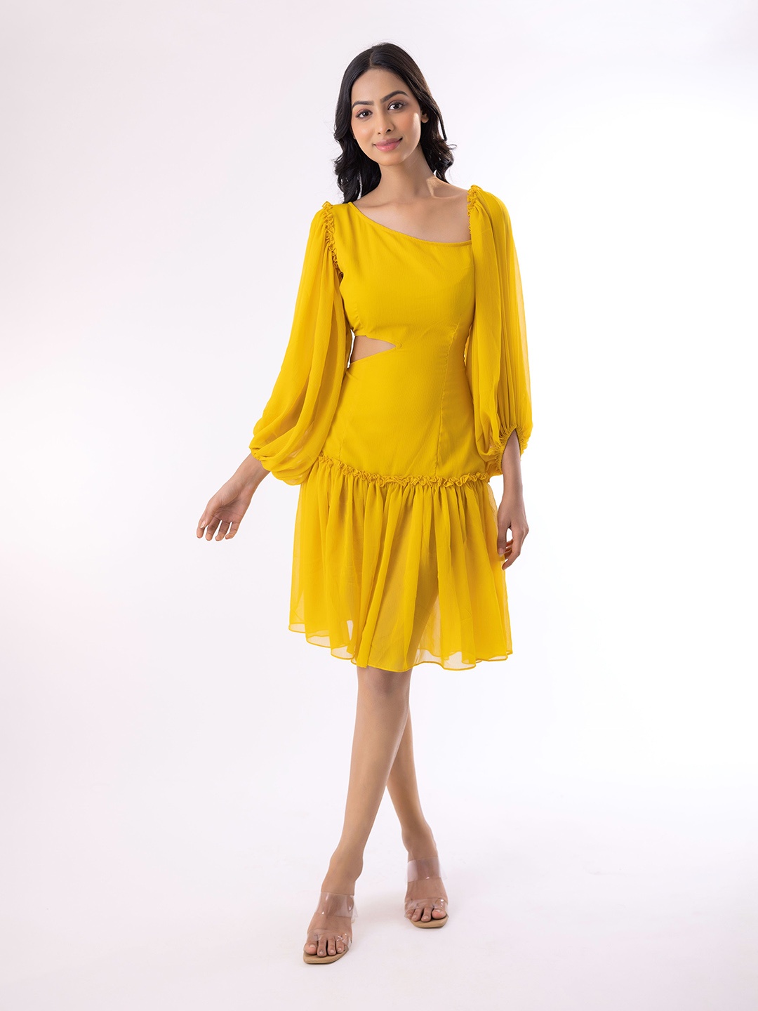 

mrutbaa Puff Sleeve Cut Out Chiffon Drop-Waist Dress, Yellow