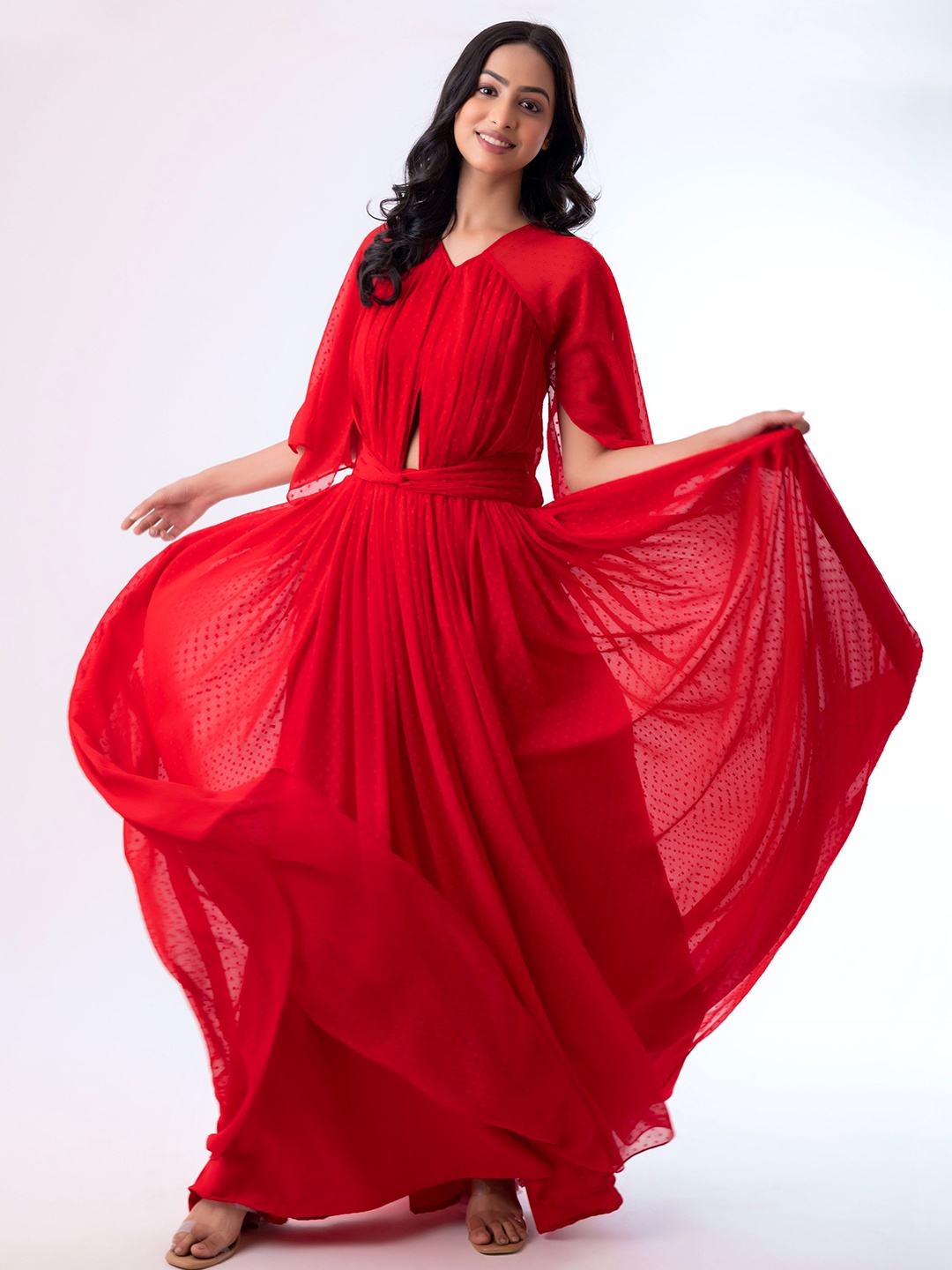 

mrutbaa V-Neck Flared Sleeves Cut-Outs Chiffon Maxi Gown Dress, Red