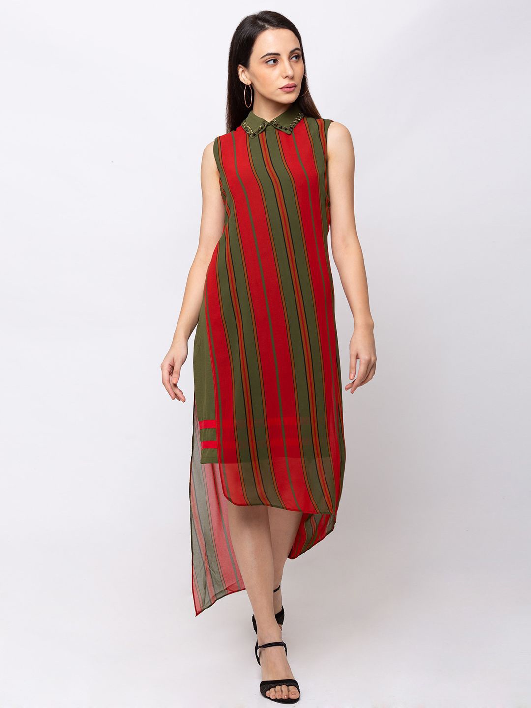 

SHECZZAR Red & Green Shirt Collar Striped Chiffon A-Line Maxi Dress