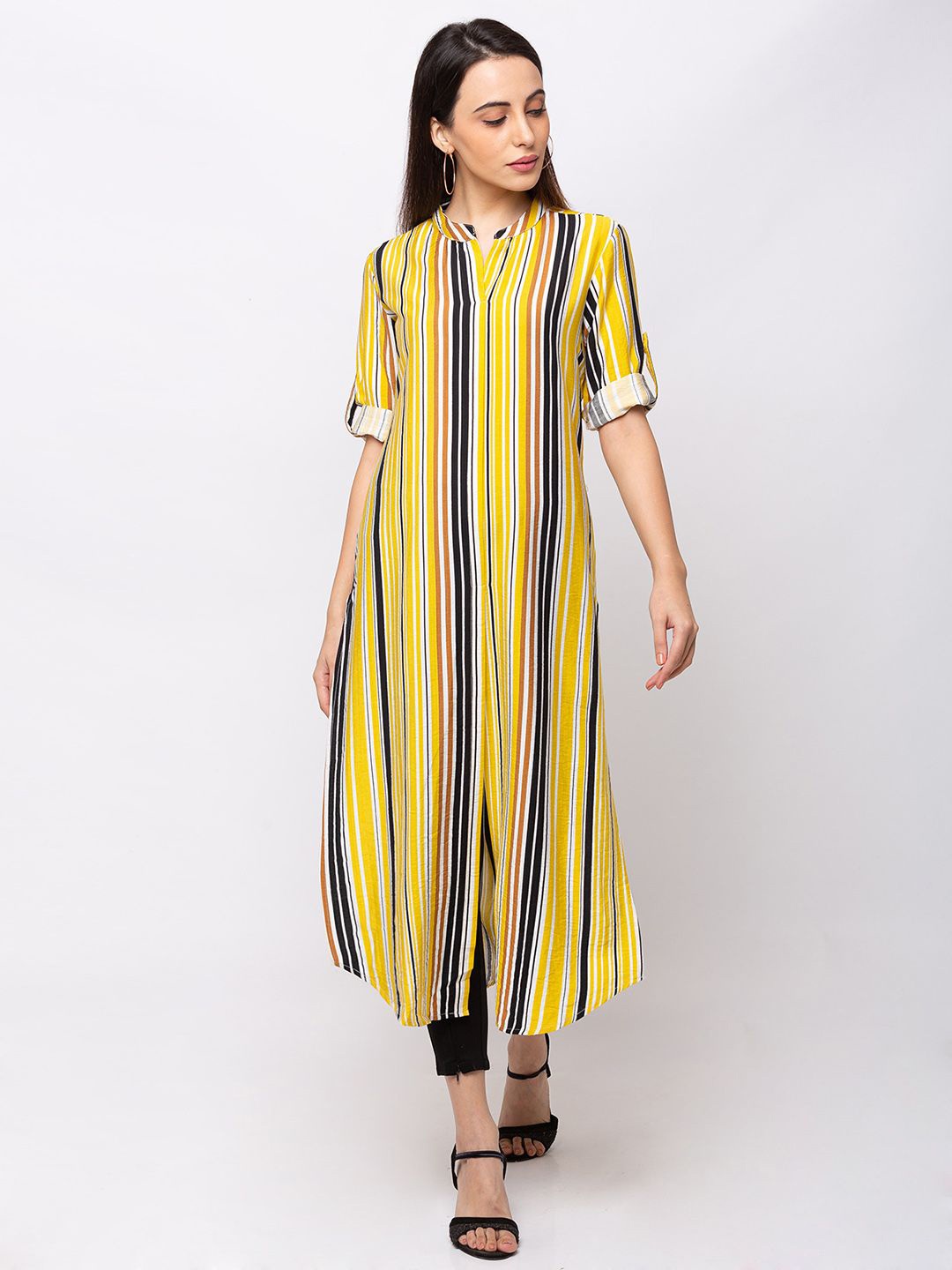 

SHECZZAR Mandarin Collar Roll Up Sleeves Striped Shirt Midi Dress, Yellow