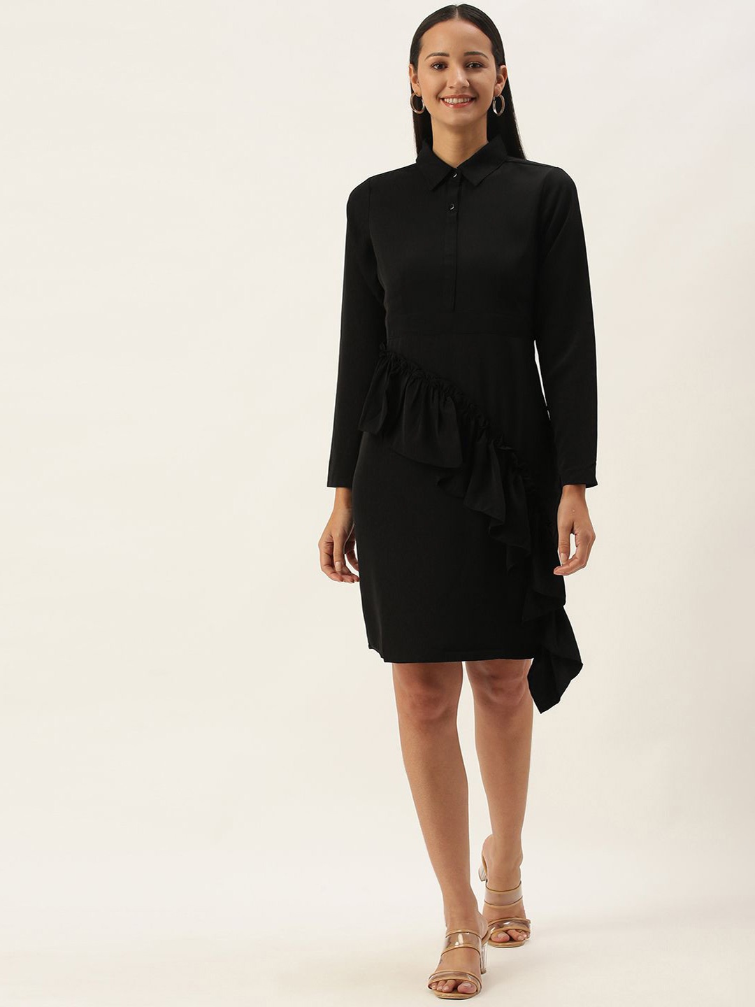 

SHECZZAR Shirt Collar Straight Sheath Dress, Black