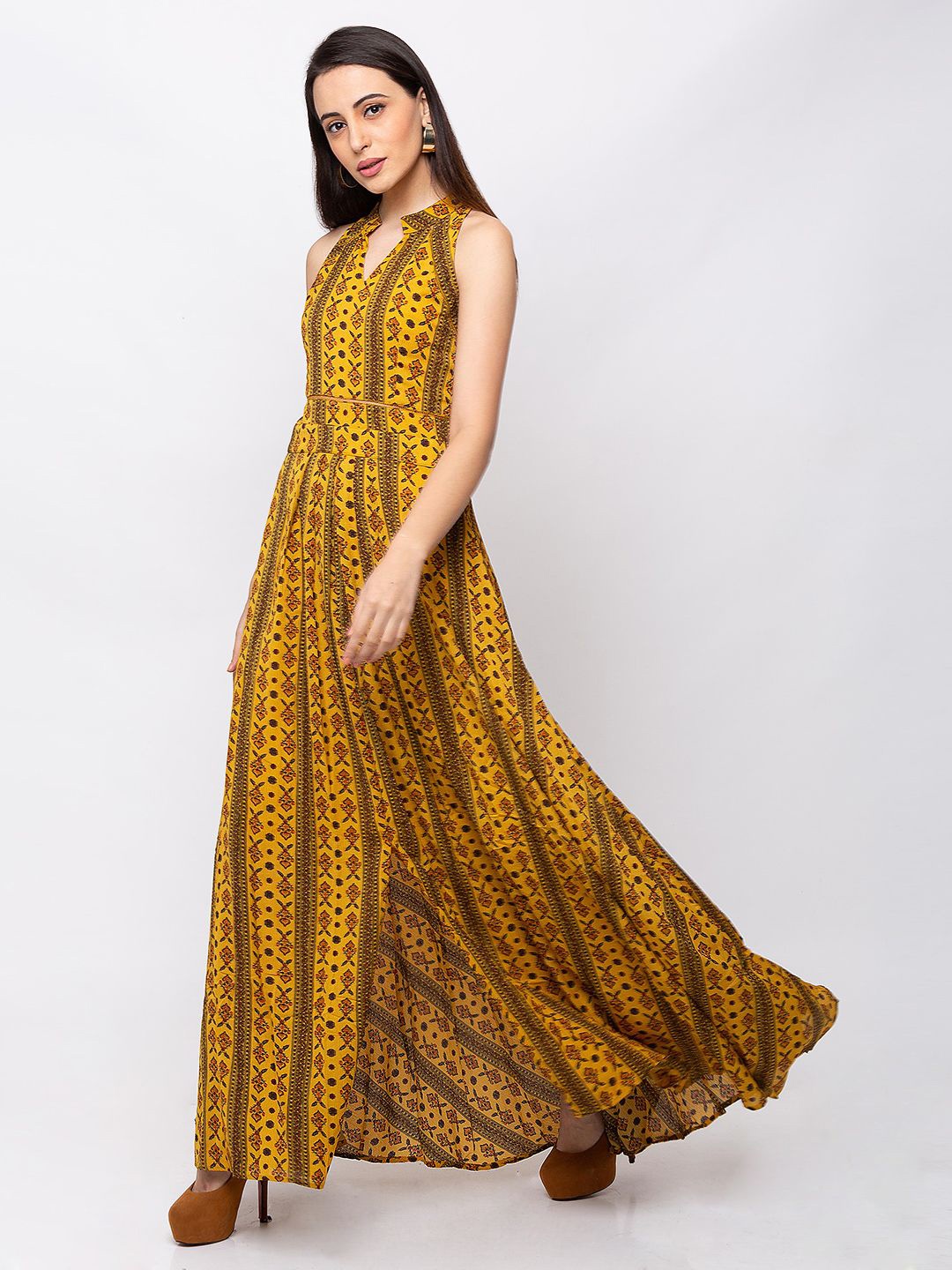 

SHECZZAR Mandarin Collar Sleeveless Ethnic Motifs Print Crepe Maxi Dress, Mustard