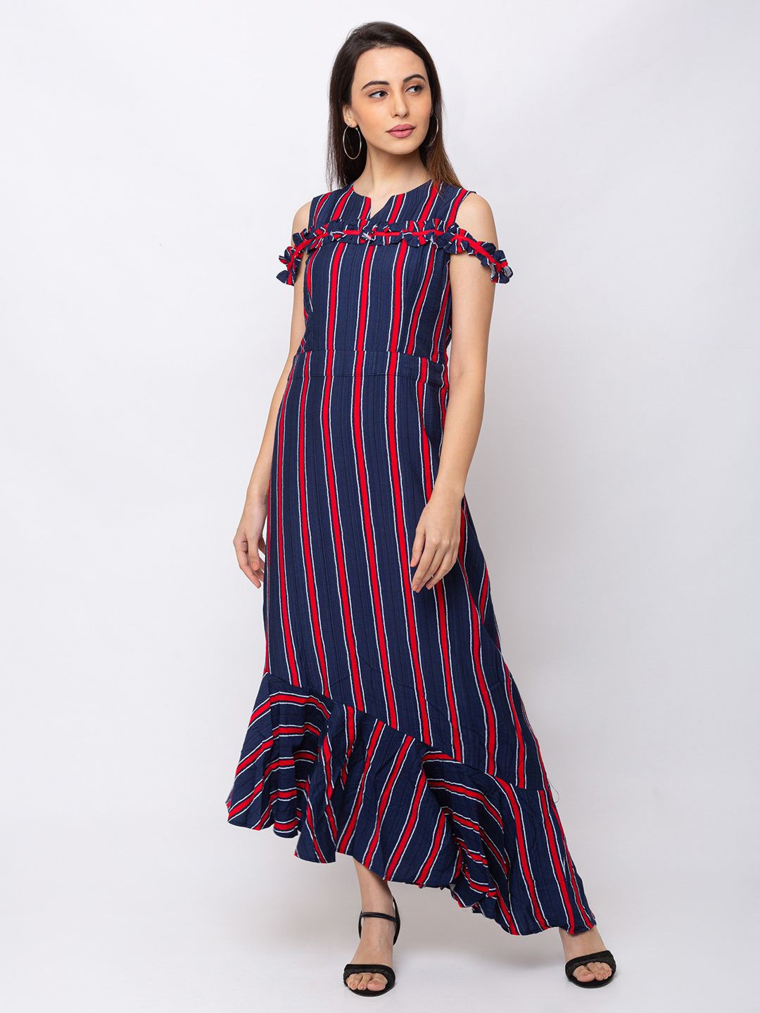 

SHECZZAR Notched Neck Striped Cold-Shoulder Maxi Dress, Blue