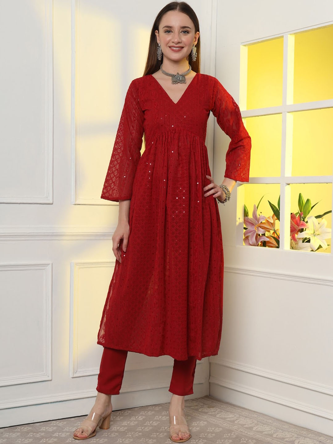 

KALINI Ethnic Motifs Embroidered V-neck Long Sleeves Sequinned Kurta Set, Maroon
