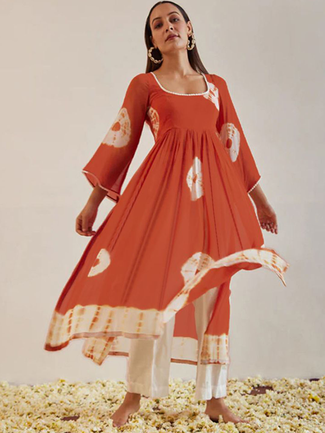 

KALINI Tie & Dye Printed Square Neck Pleated A-line Kurta With Trousers, Orange