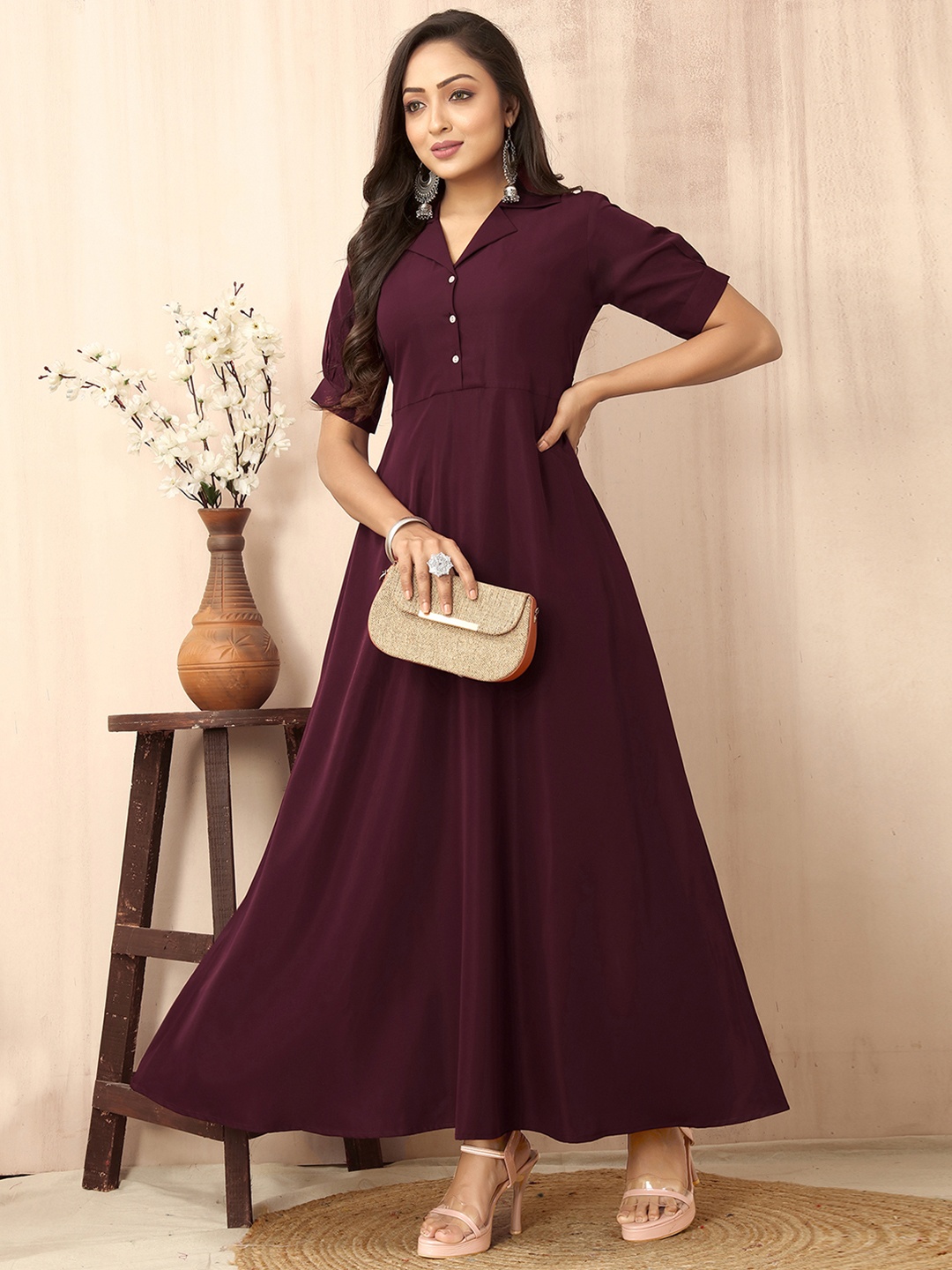 

Selvia Cuban Collar Cuffed Sleeves Maxi Fit & Flare Dress, Maroon