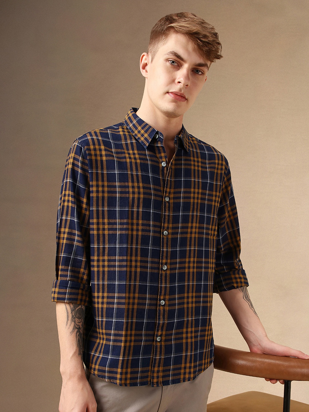 

Dennis Lingo Tartan Checked Spread Collar Long Sleeves Cotton Casual Shirt, Yellow