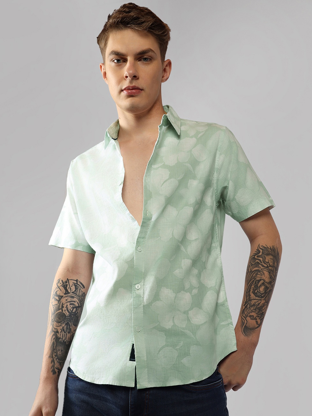 

Dennis Lingo Floral Printed Spread Collar Short Sleeves Cotton Casual Shirt, Green