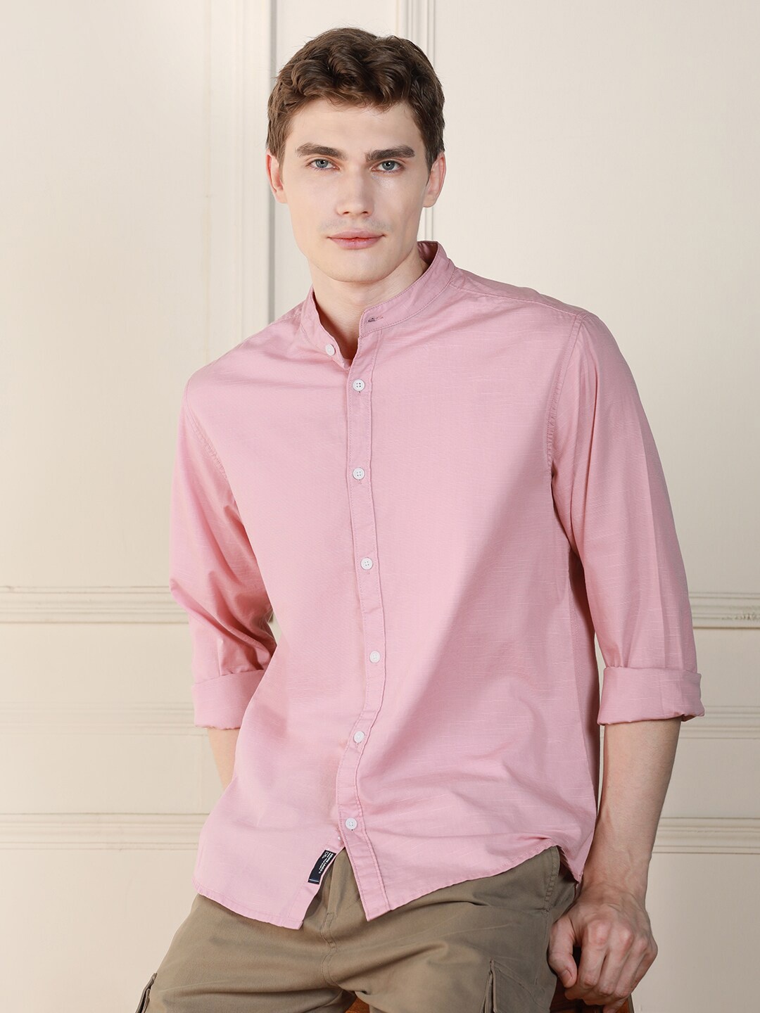 

Dennis Lingo Mandarin Collar Long Sleeves Cotton Casual Shirt, Pink