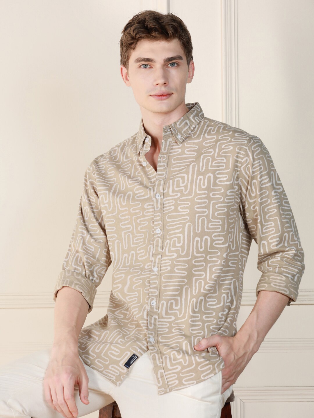 

Dennis Lingo Abstract Printed Button-Down Collar Long Roll up Sleeves Cotton Casual Shirt, Khaki