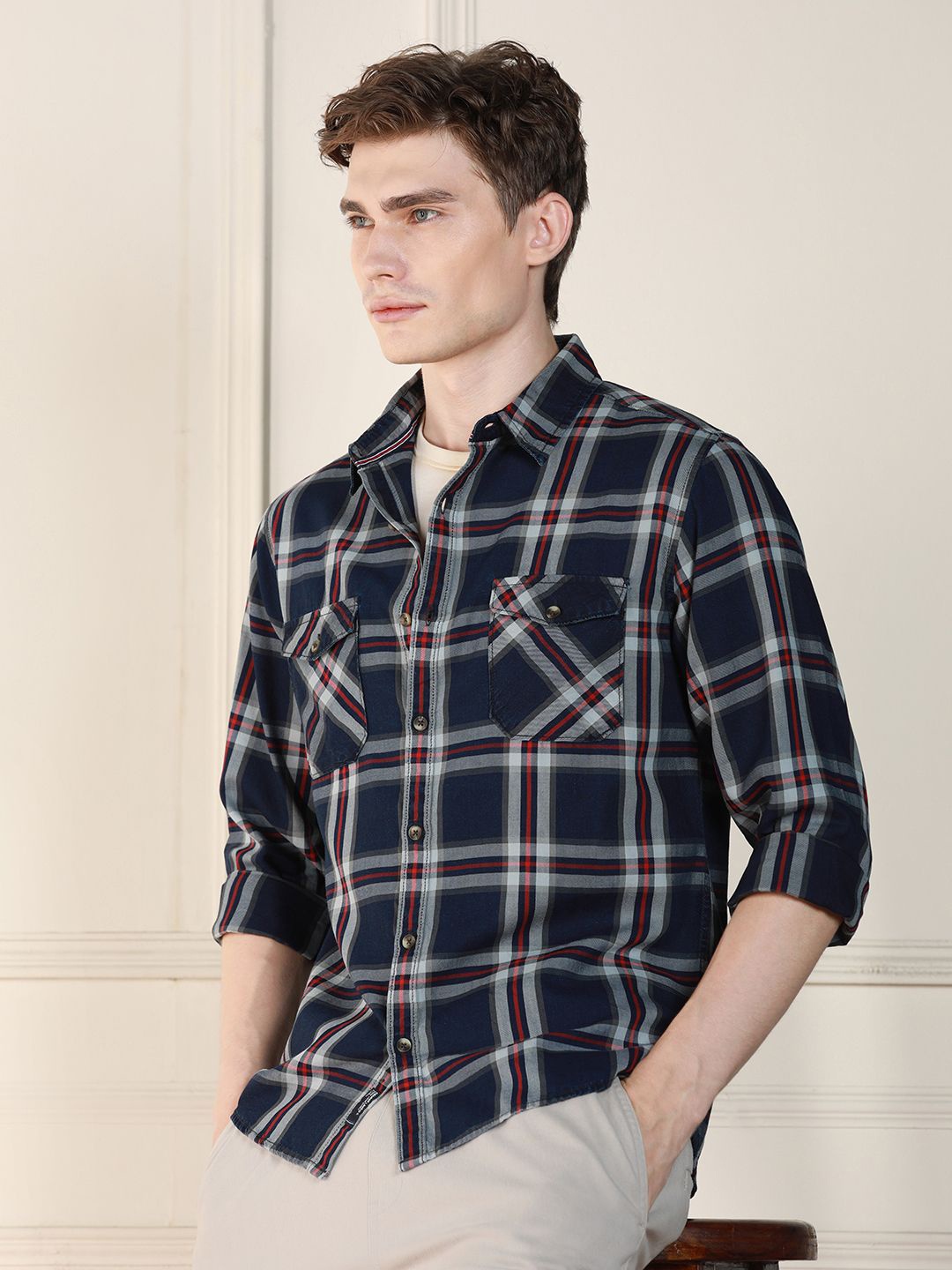 

Dennis Lingo Tartan Indigo Checks Relaxed Fit Cotton Casual Shirt, Navy blue