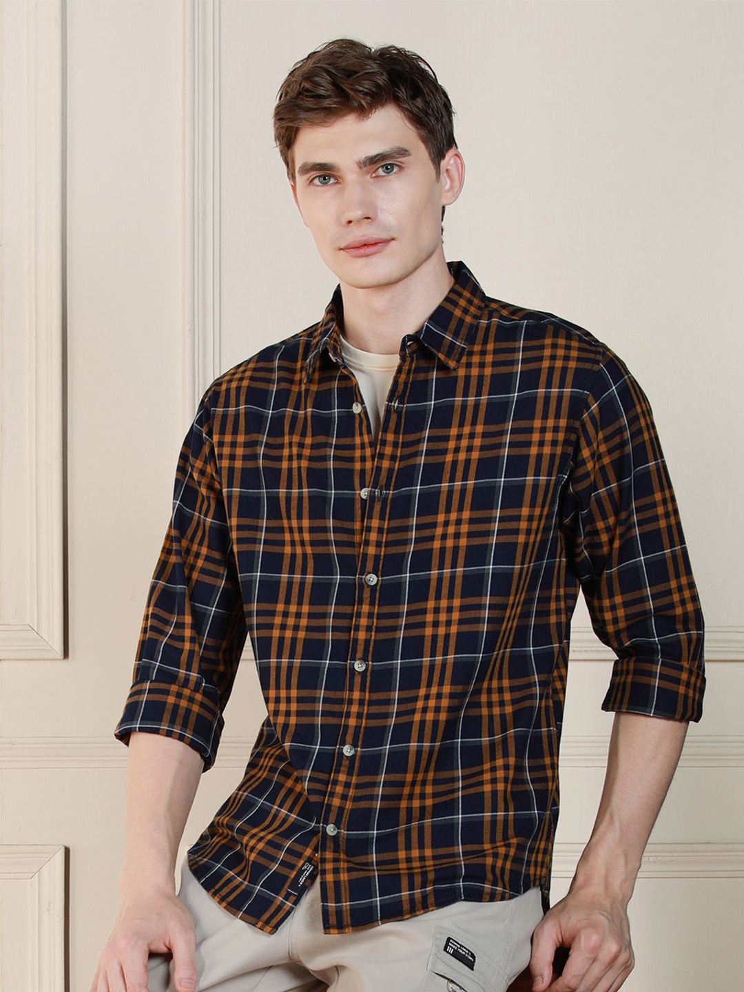

Dennis Lingo Tartan Checked Spread Collar Long Sleeves Cotton Casual Shirt, Green