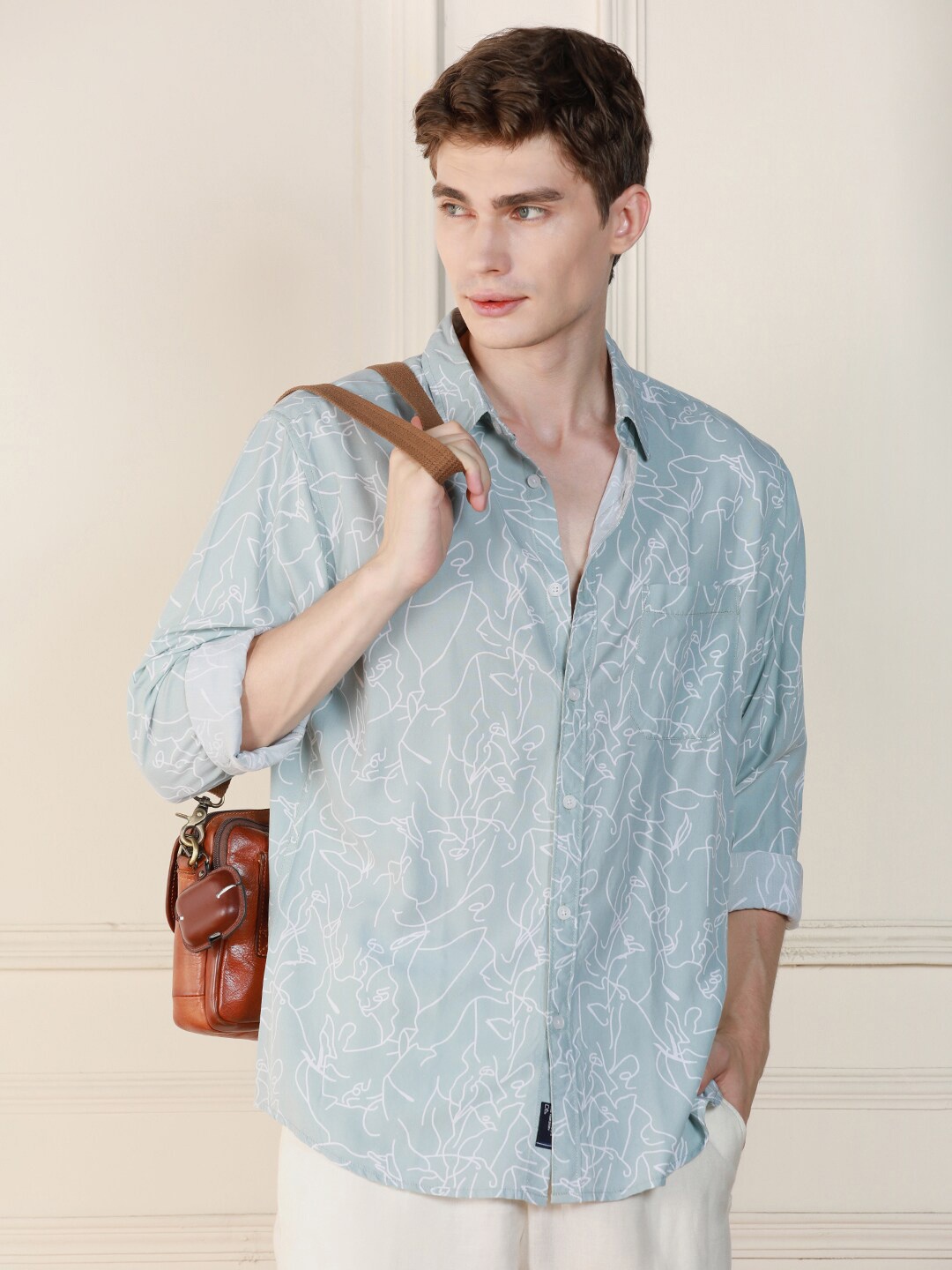 

Dennis Lingo Abstract Printed Spread Collar Long Sleeves Cotton Casual Shirt, Green