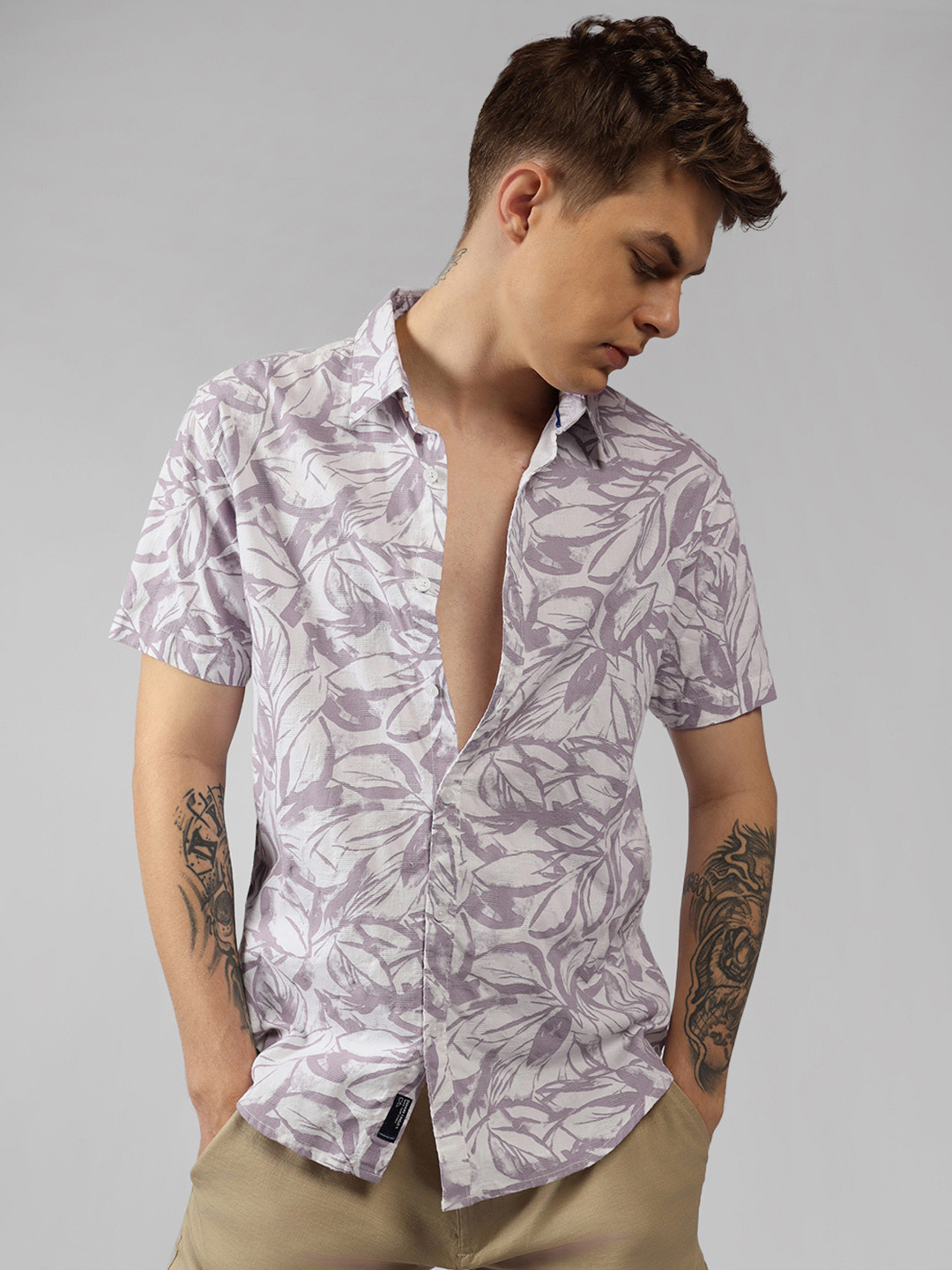 

Dennis Lingo Floral Printed Spread Collar Short Sleeves Cotton Casual Shirt, Pink