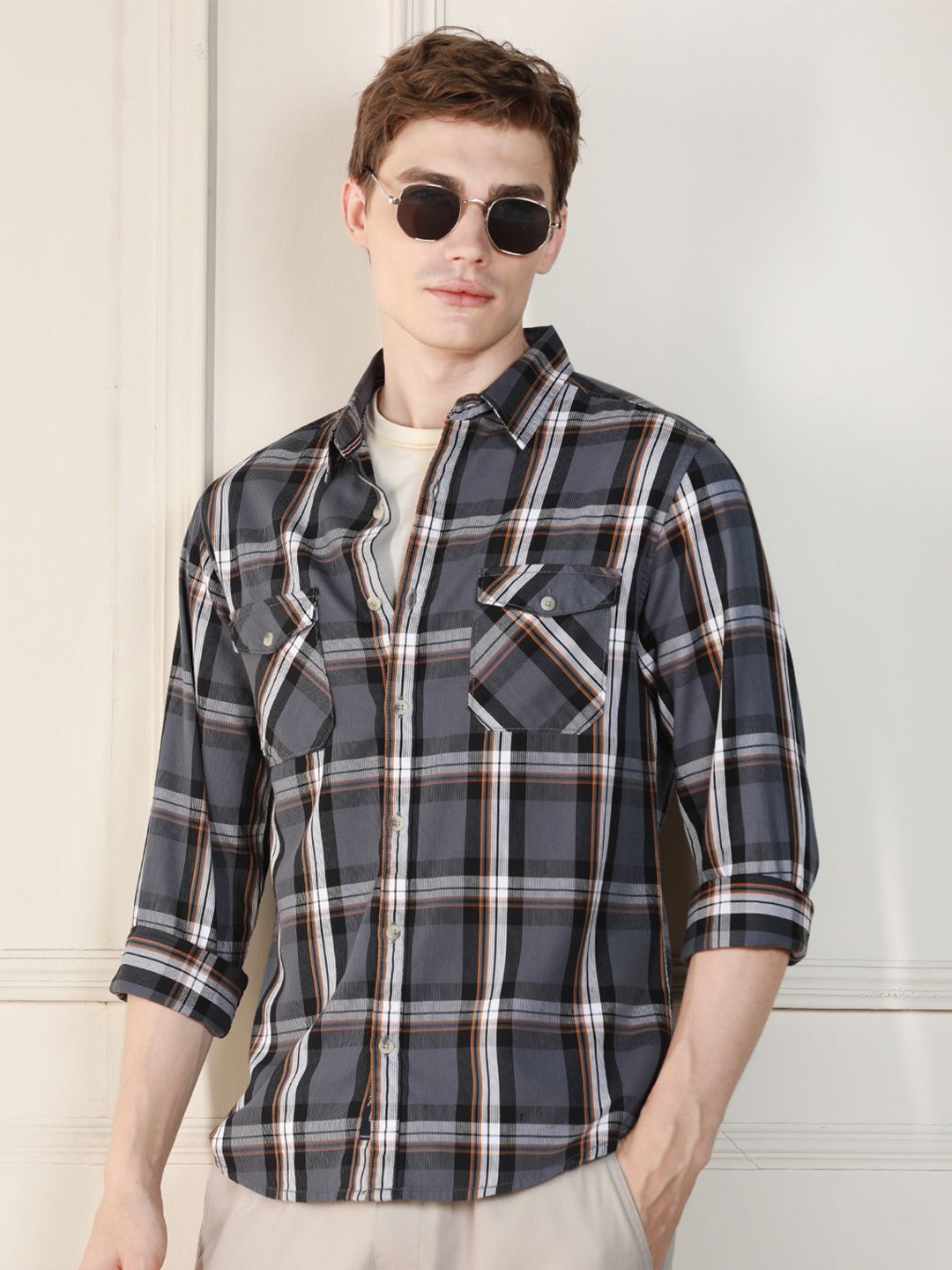 

Dennis Lingo Tartan Checked Spread Collar Long Sleeves Cotton Casual Shirt, Grey