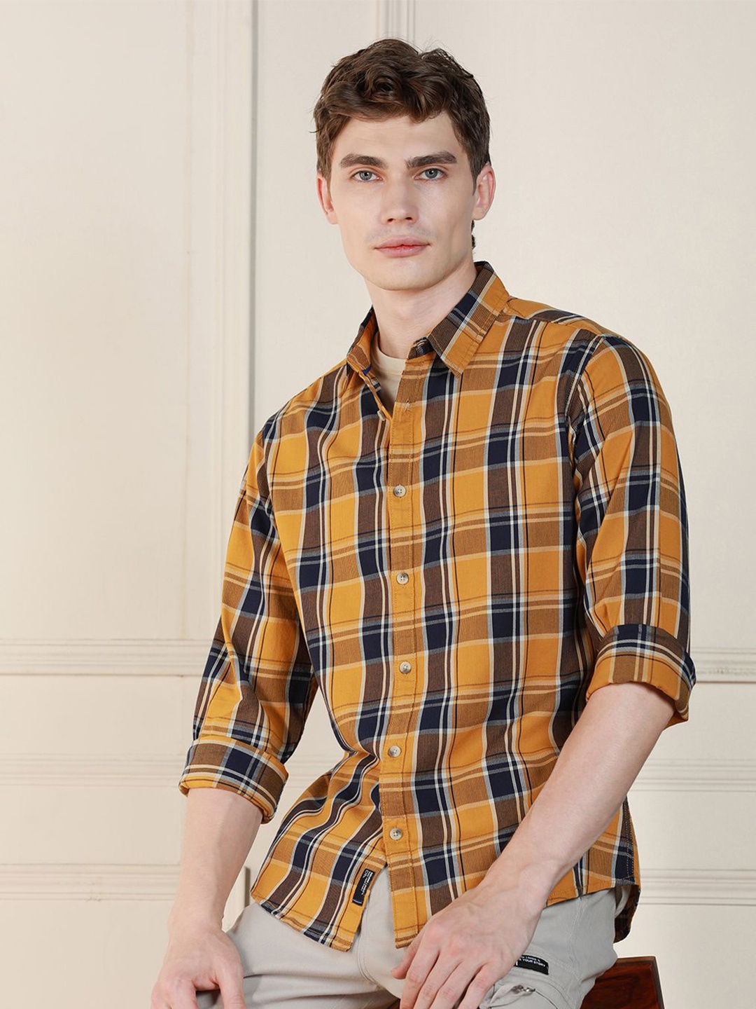 

Dennis Lingo Tartan Checked Spread Collar Long Sleeves Cotton Casual Shirt, Yellow