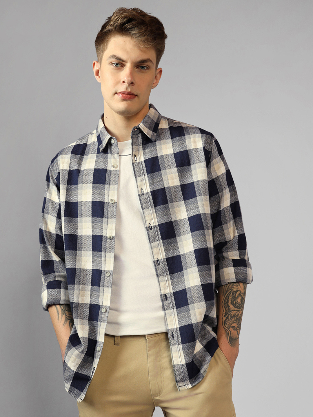 

Dennis Lingo Buffalo Checked Spread Collar Long Sleeves Cotton Casual Shirt, Navy blue