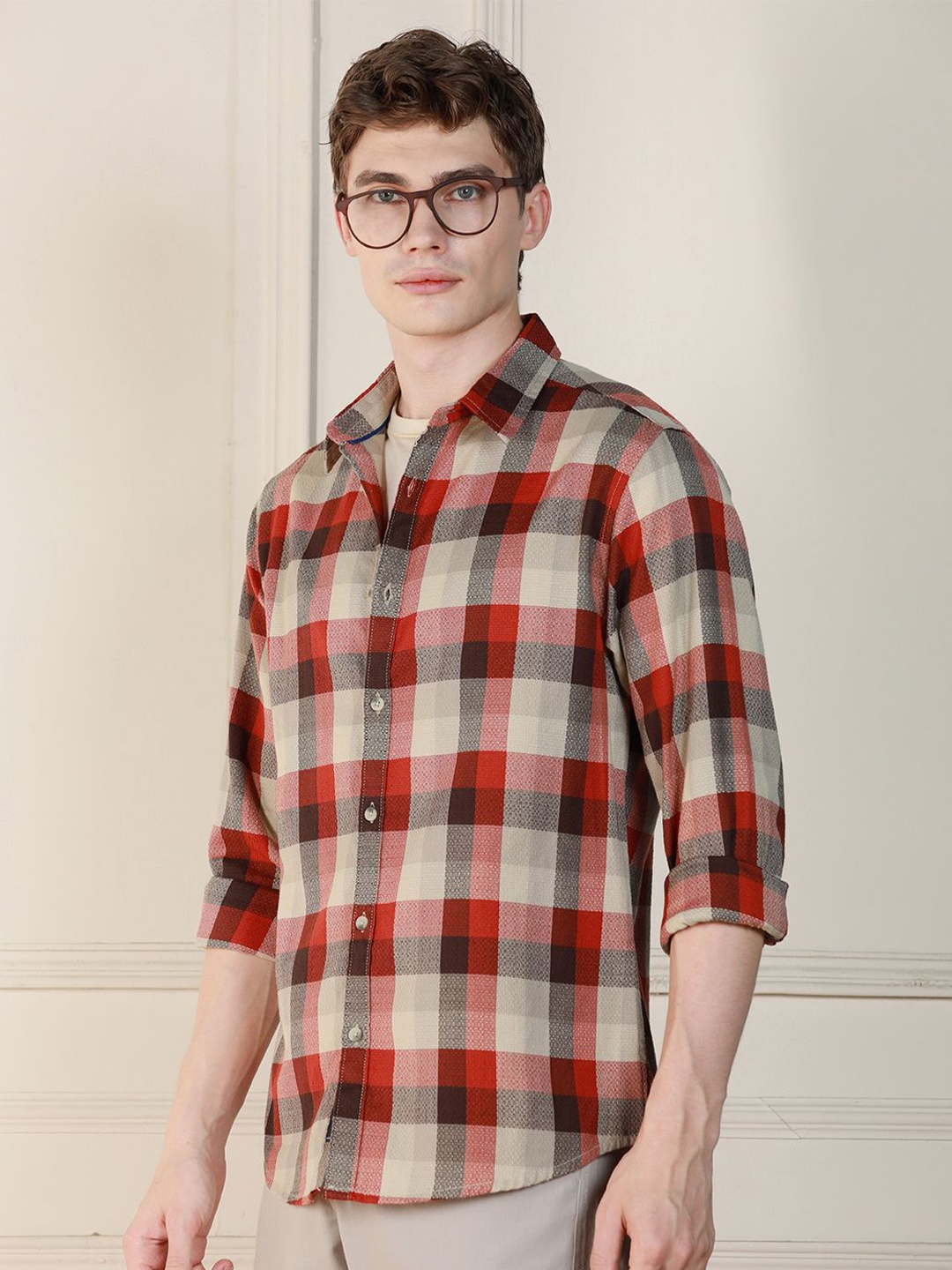 

Dennis Lingo Tartan Checked Spread Collar Long Sleeves Cotton Casual Shirt, Red