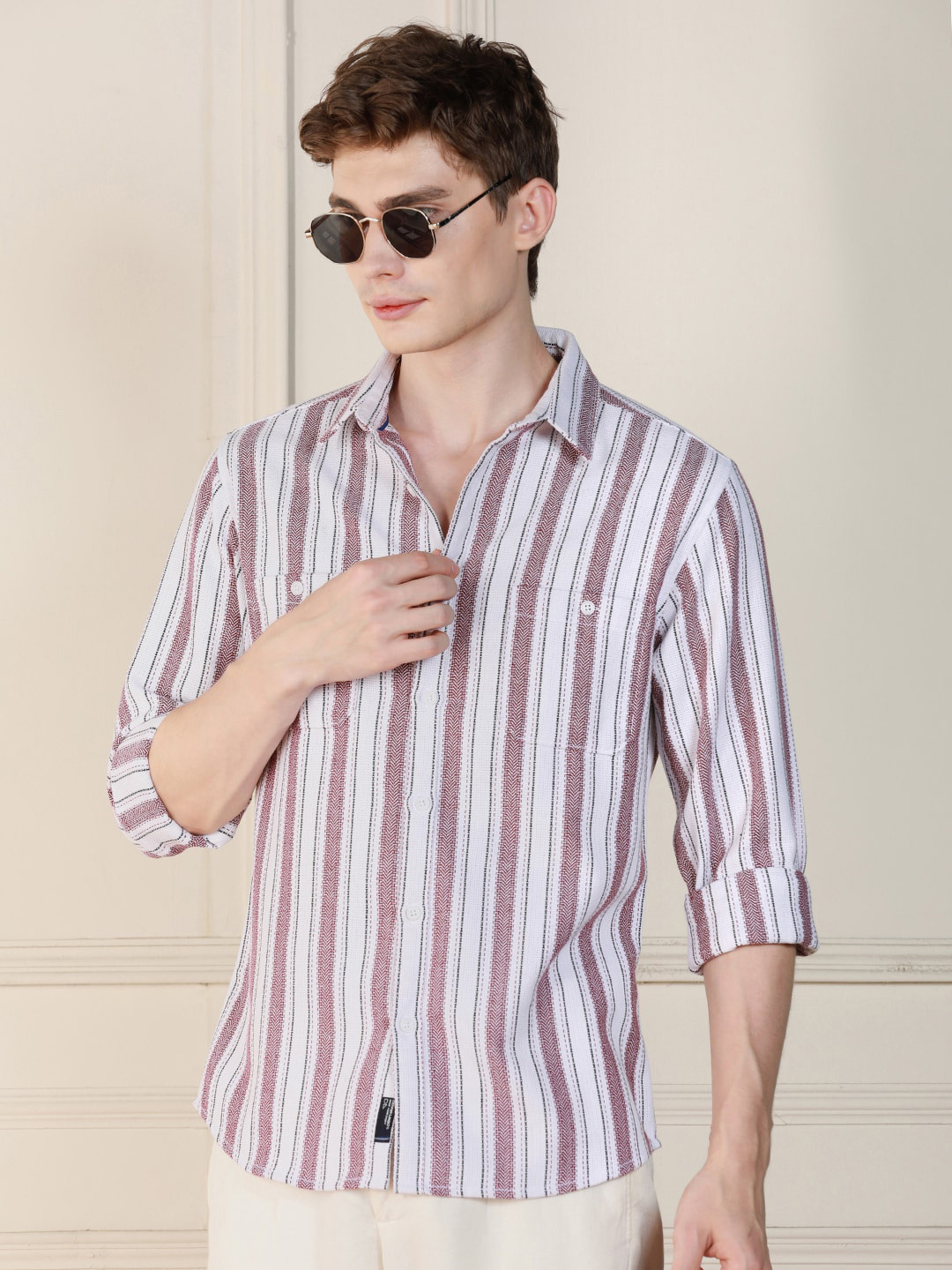 

Dennis Lingo Striped Spread Collar Short Sleeves Cotton Casual Shirt, Maroon