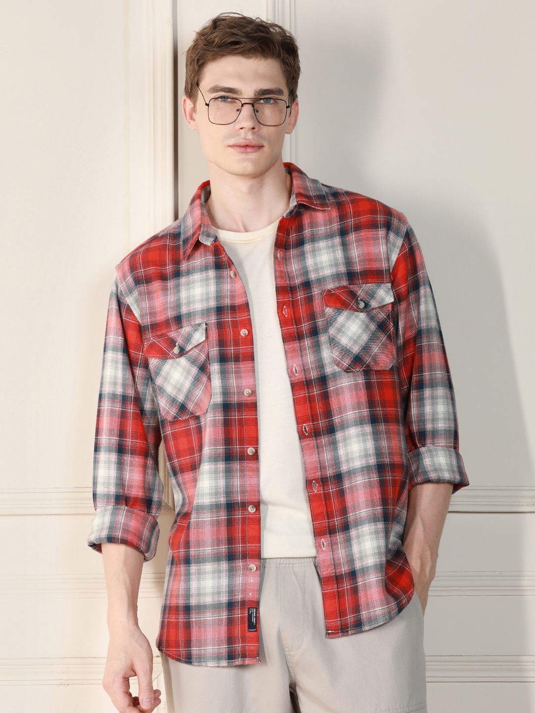 

Dennis Lingo Tartan Checked Spread Collar Long Sleeves Cotton Casual Shirt, Red