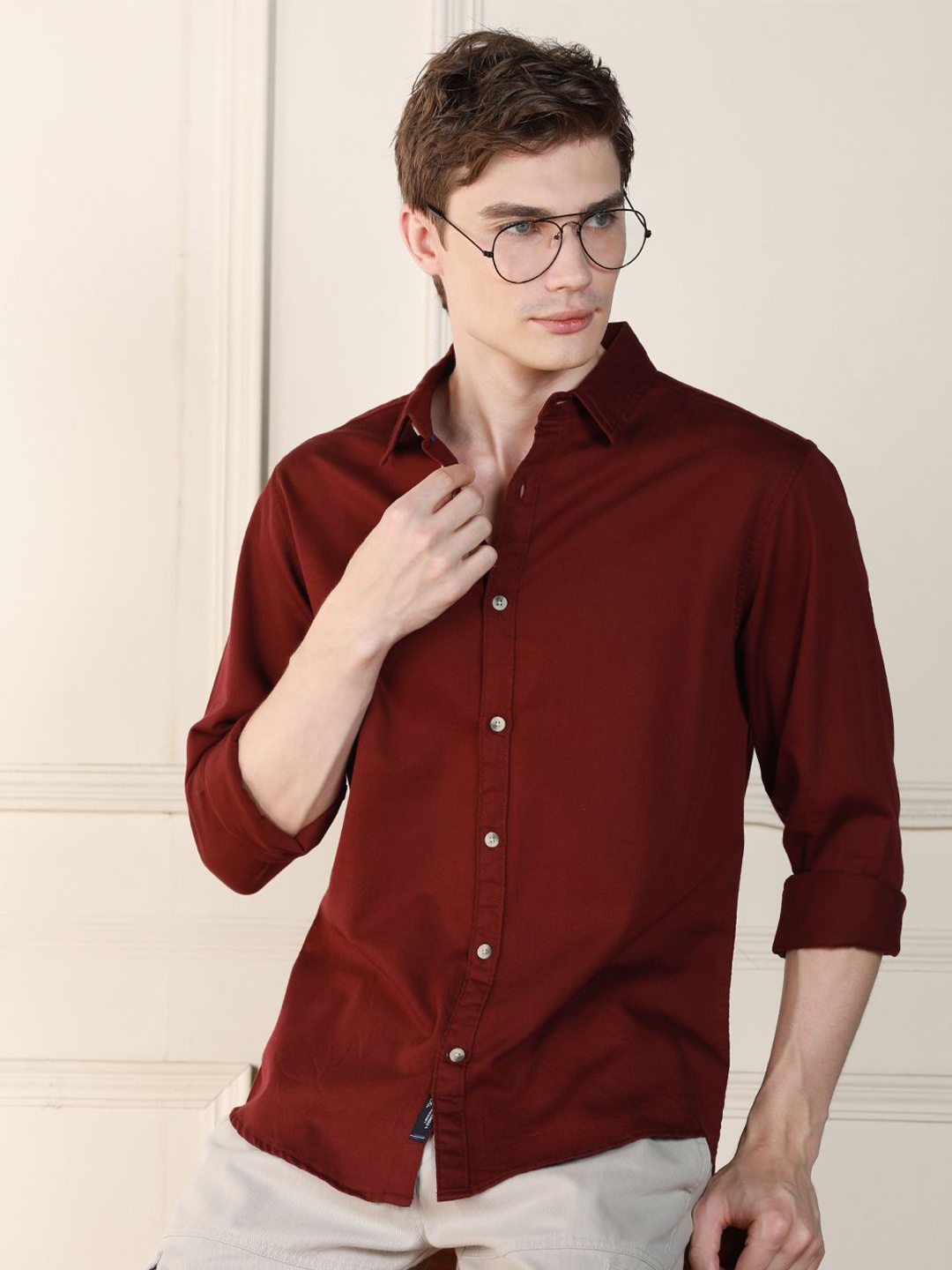 

Dennis Lingo Spread Collar Long Sleeves Cotton Casual Shirt, Maroon