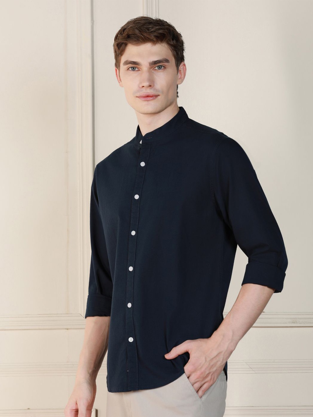 

Dennis Lingo Mandarin Collar Long Sleeves Cotton Casual Shirt, Navy blue