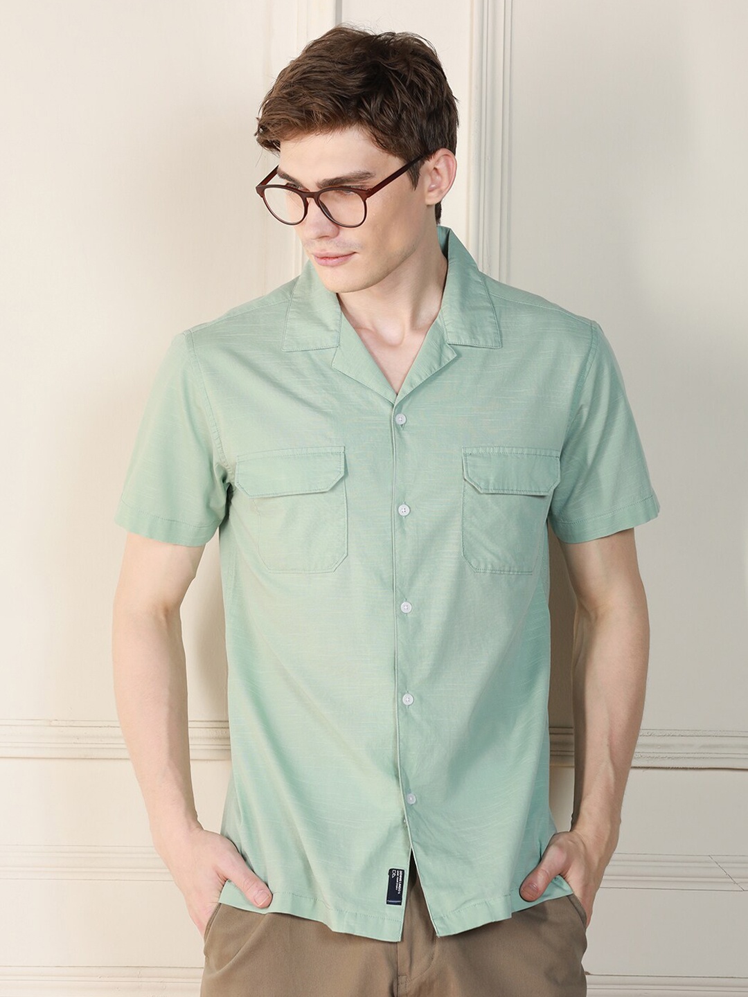 

Dennis Lingo Cuban Collar Short Sleeves Cotton Casual Shirt, Green
