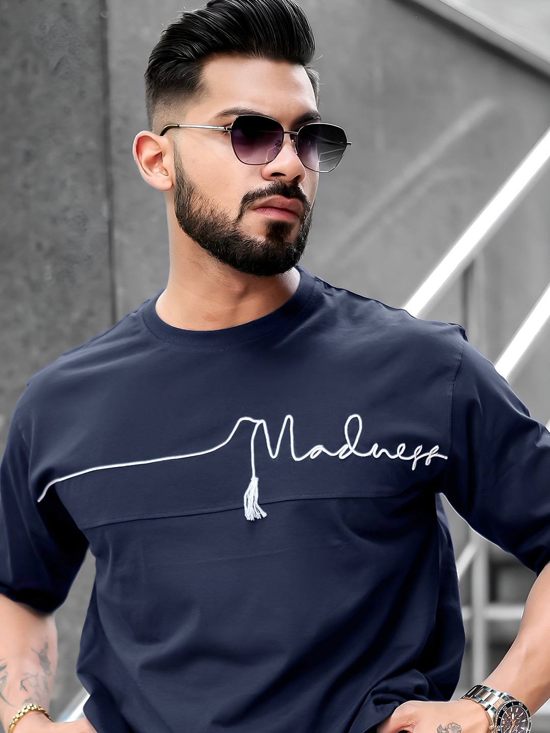 

Maniac Men Typography Round Neck T-shirt, Navy blue