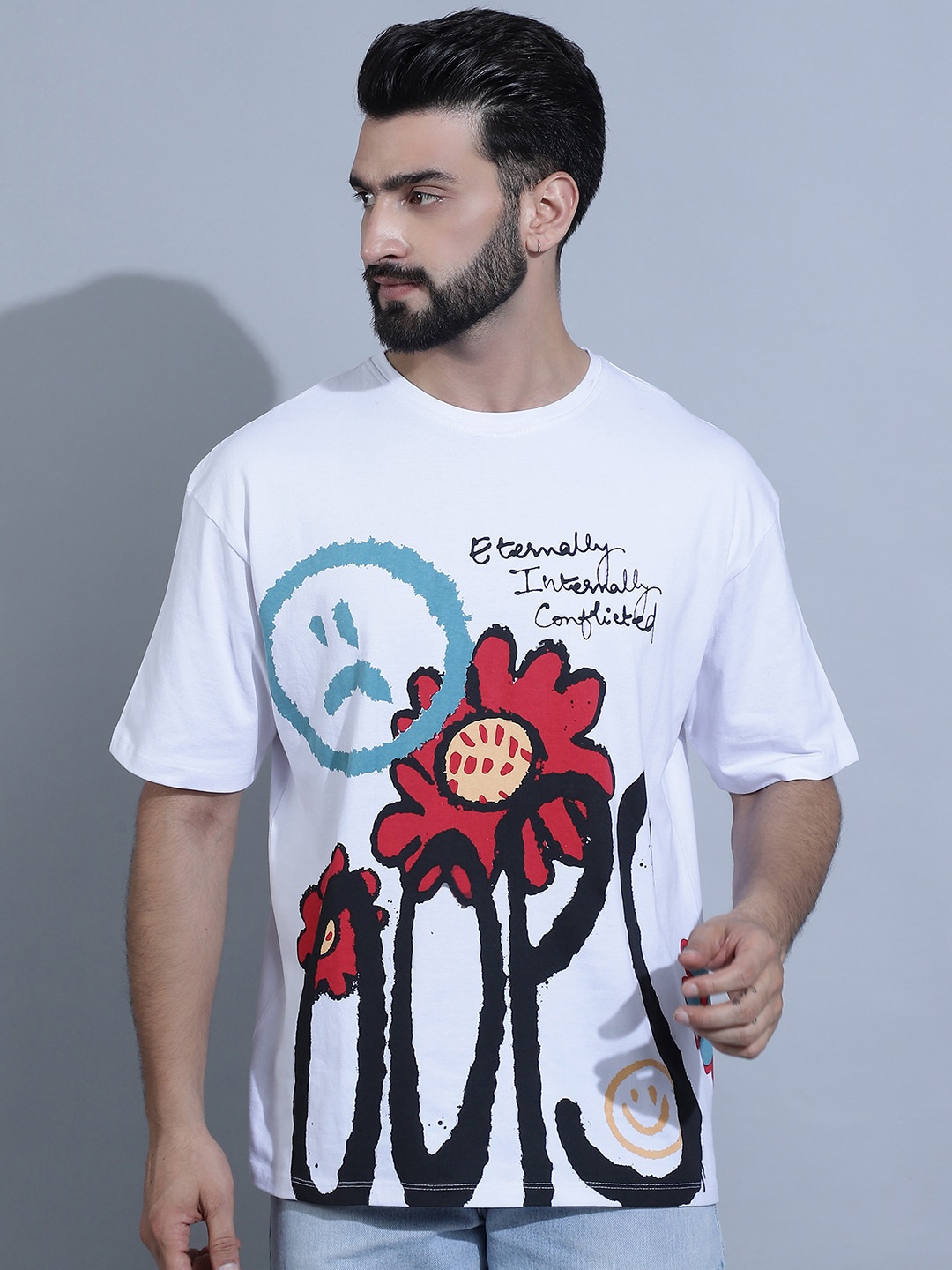 

DOOR74 Men Graphic Printed Round Neck Oversized T-shirt, White