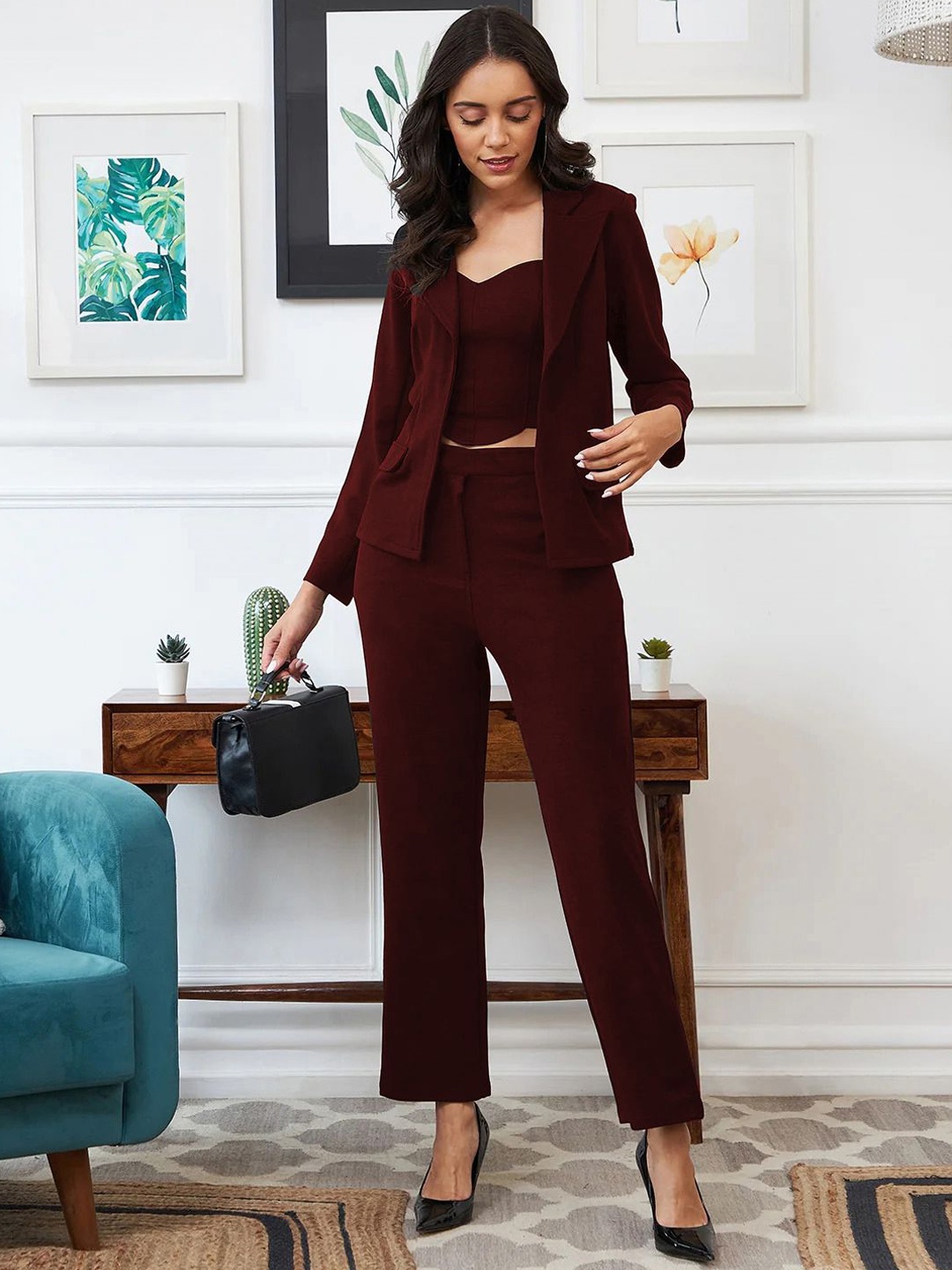 

Siya Fashion Sweetheart Neck Casual Crop Top With Trousers & Blazer, Maroon