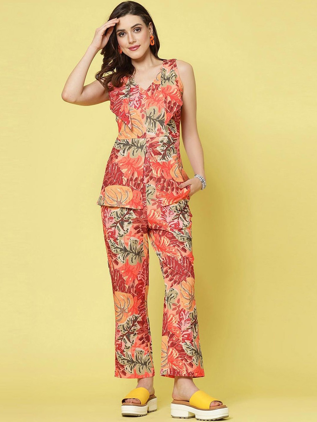 

Siya Fashion Floral Printed V-Neck Shoulder Strap Sleeve Top & Trouser, Orange