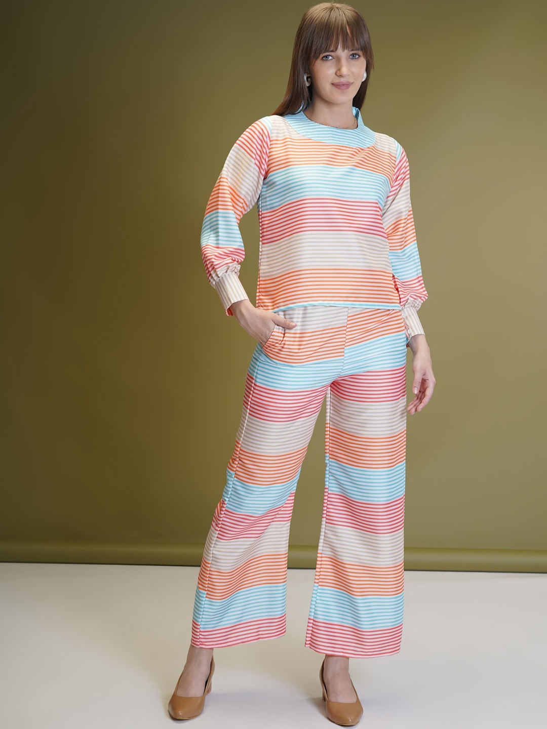 

Siya Fashion Striped Round Neck Cuffed Sleeves Casual Top With Palazzos, Green