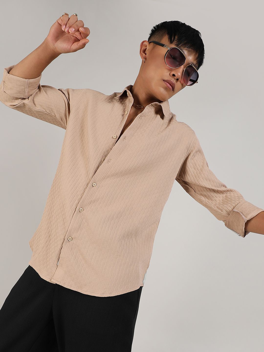 

Campus Sutra Comfort Spread Collar Long Sleeves Casual Shirt, Beige