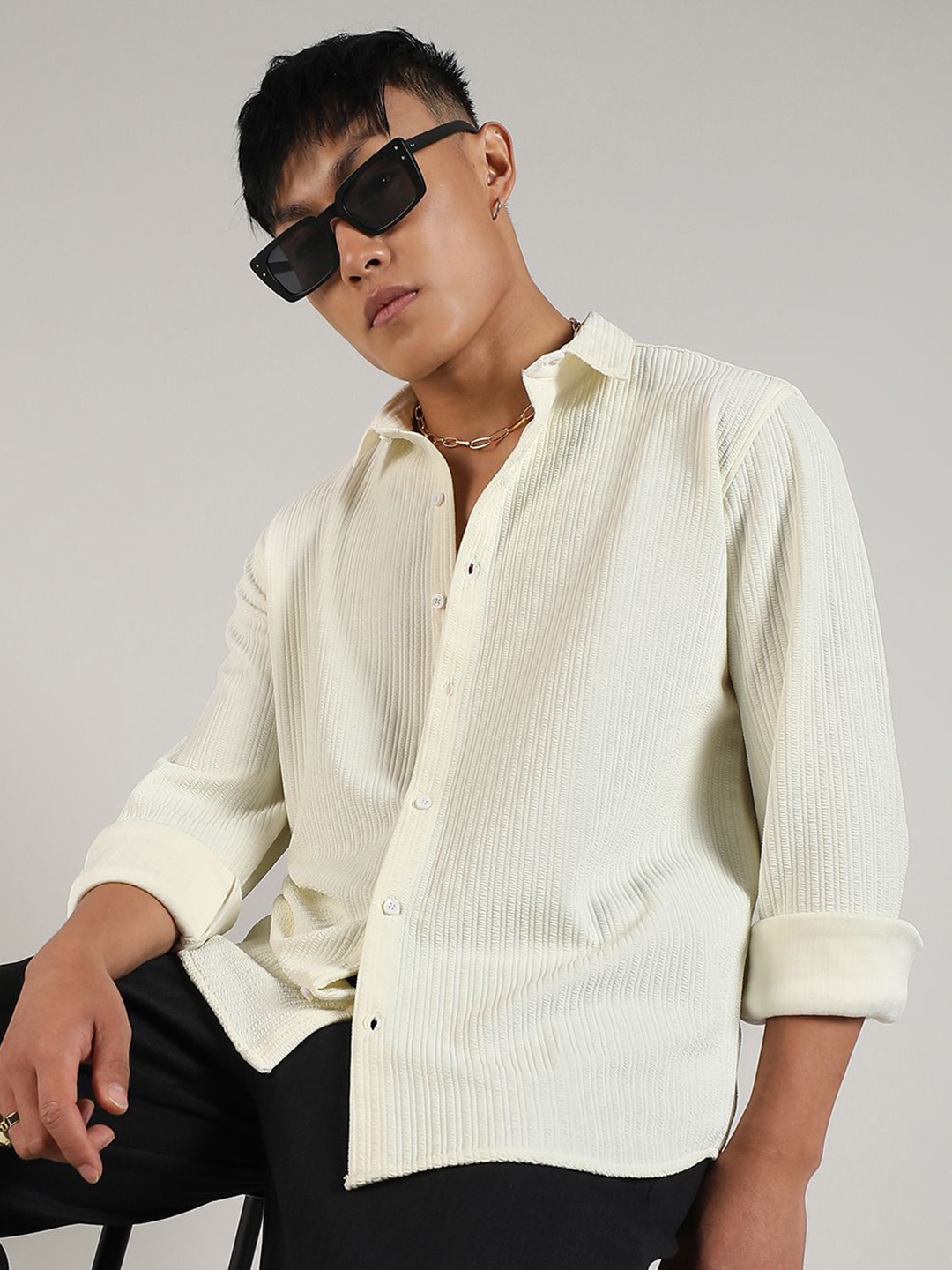 

Campus Sutra Yellow Comfort Self Design Textured Spread Collar Shirt