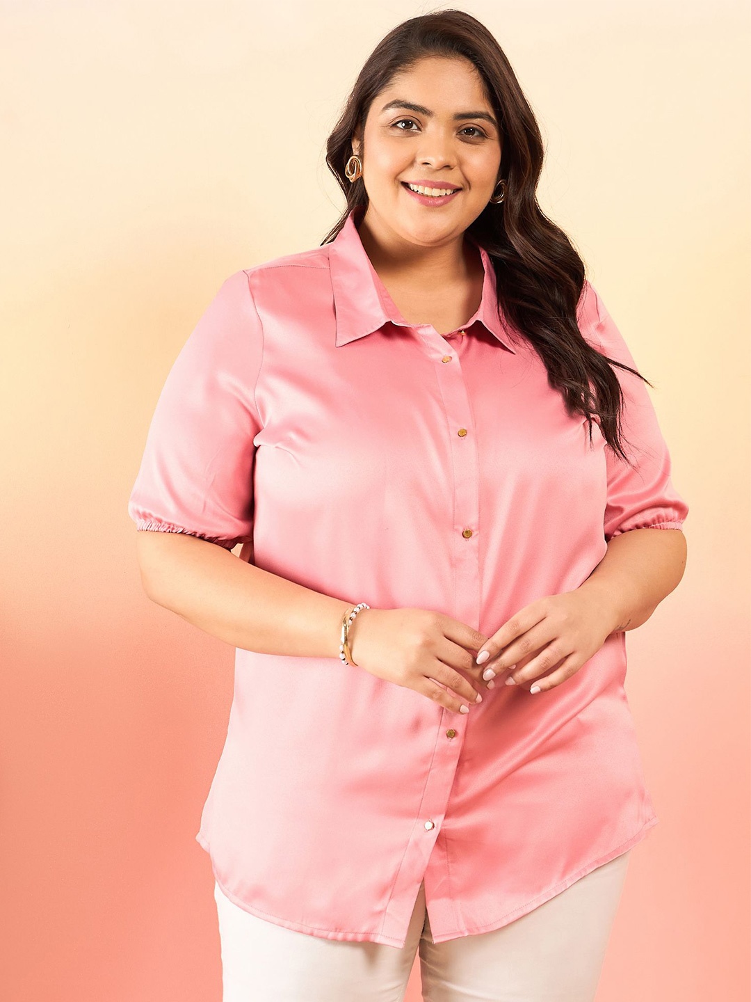 

Sztori Plus Size Classic Fit Spread Collar Short Sleeves Casual Shirt, Pink