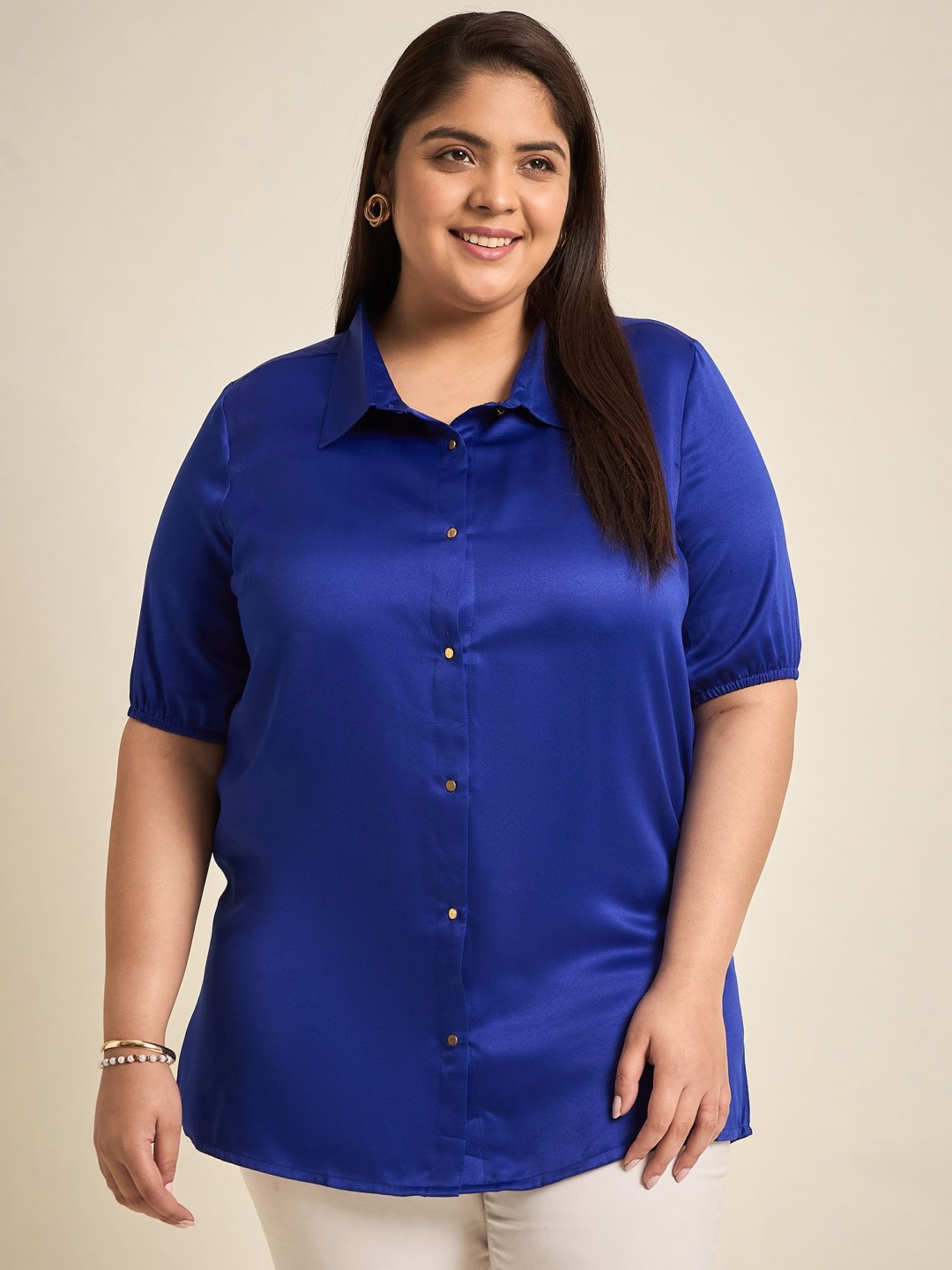 

Sztori Plus Size Classic Spread Collar Short Sleeves Casual Shirt, Blue