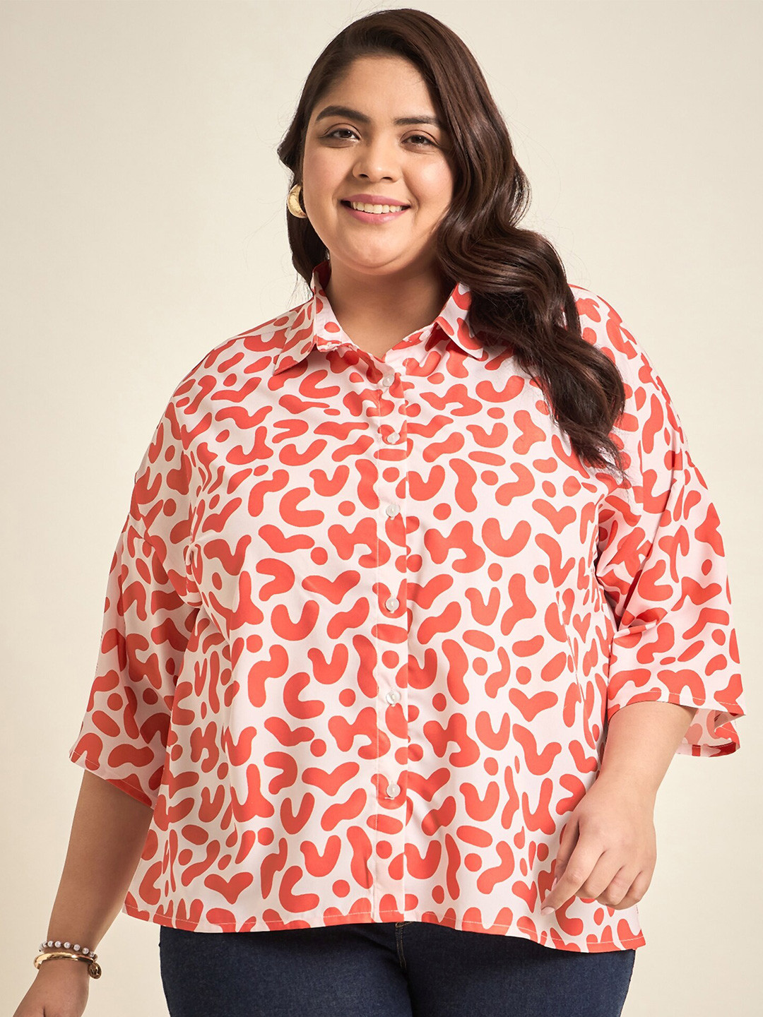 

Sztori Plus Size Classic Fit Printed Drop-Shoulder Sleeves Crepe Casual Shirt, White