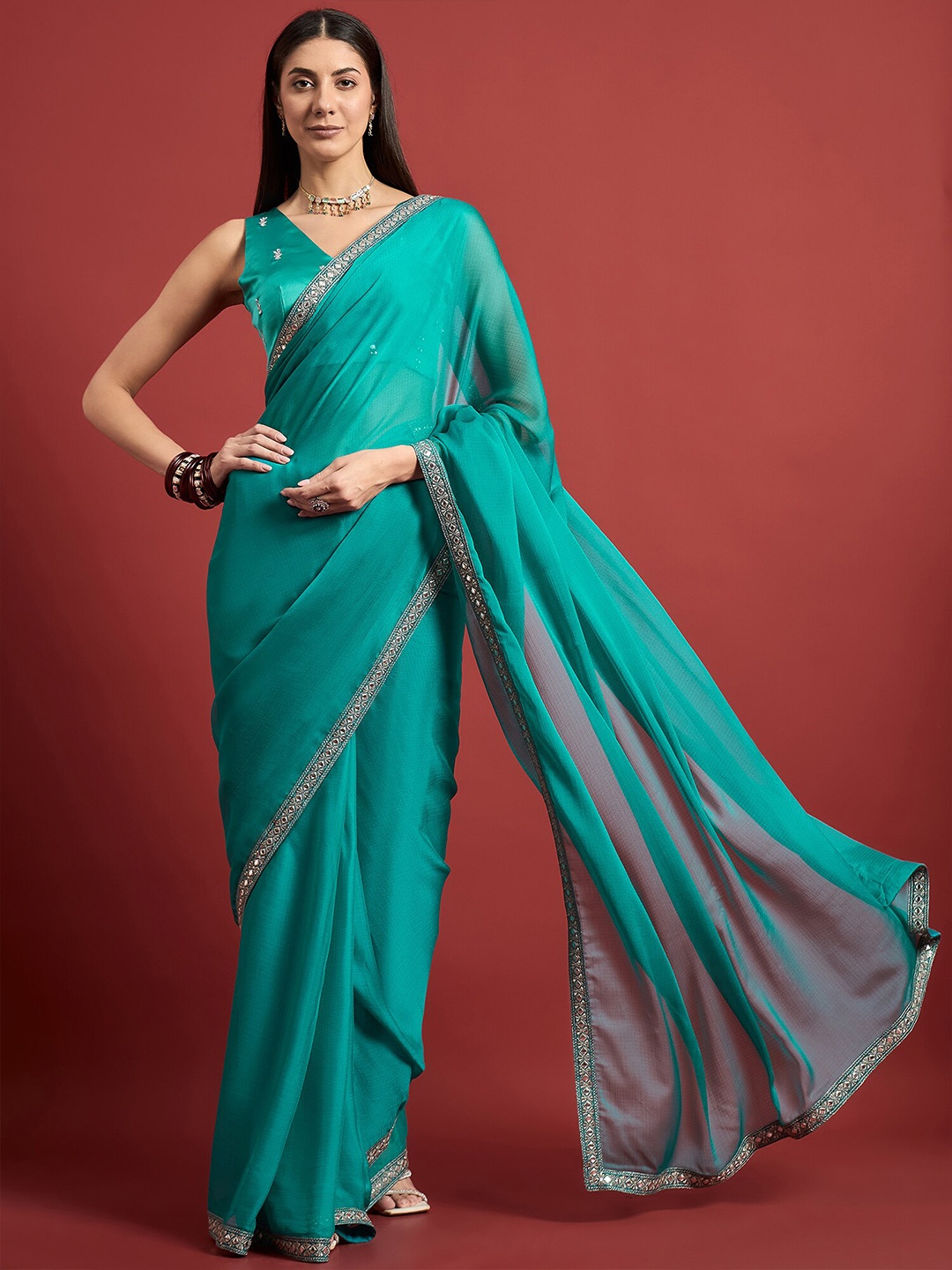 

all about you Mirror Work Pure Chiffon Saree, Turquoise blue