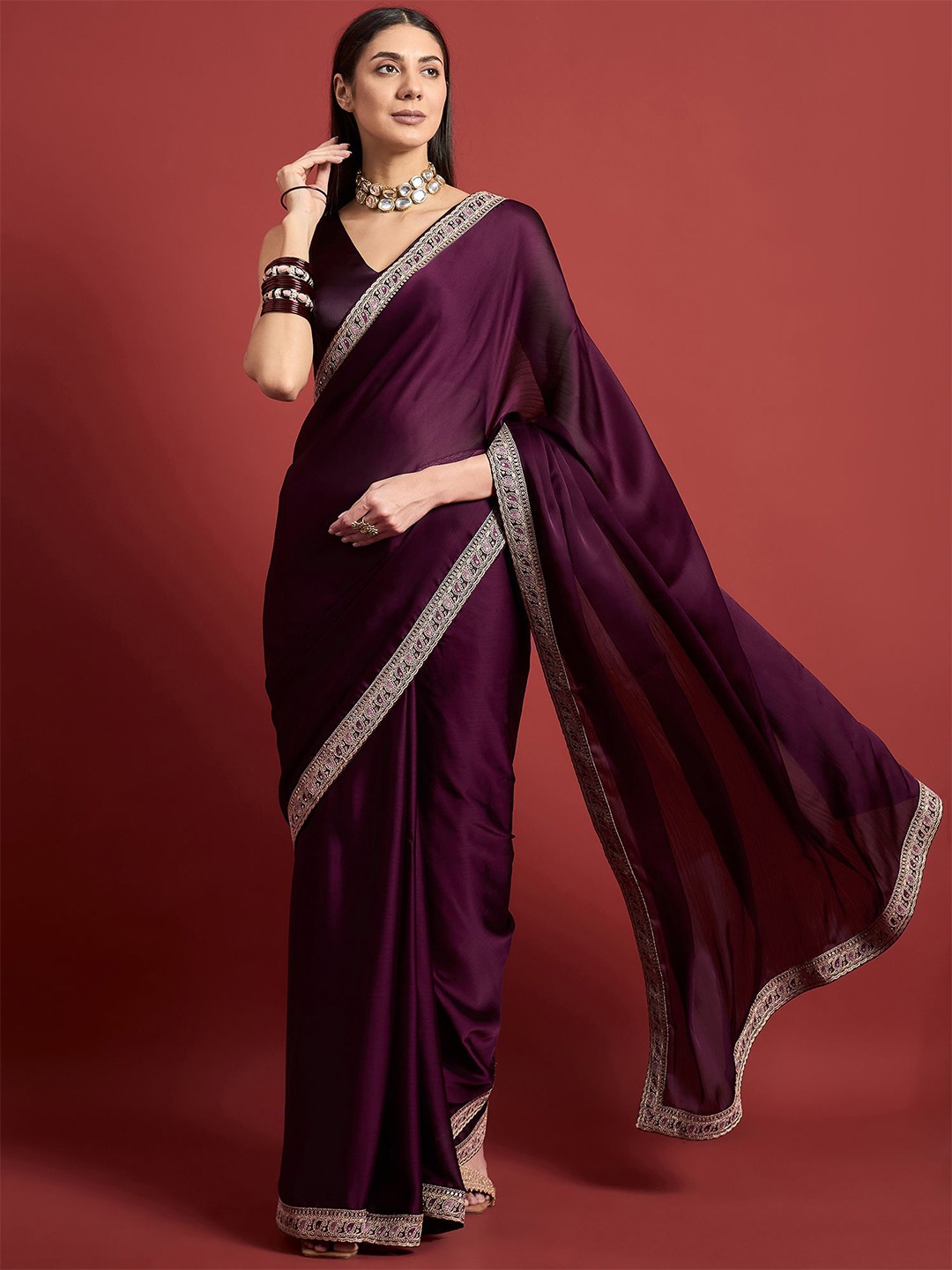 

all about you Embroidered Satin Saree, Purple