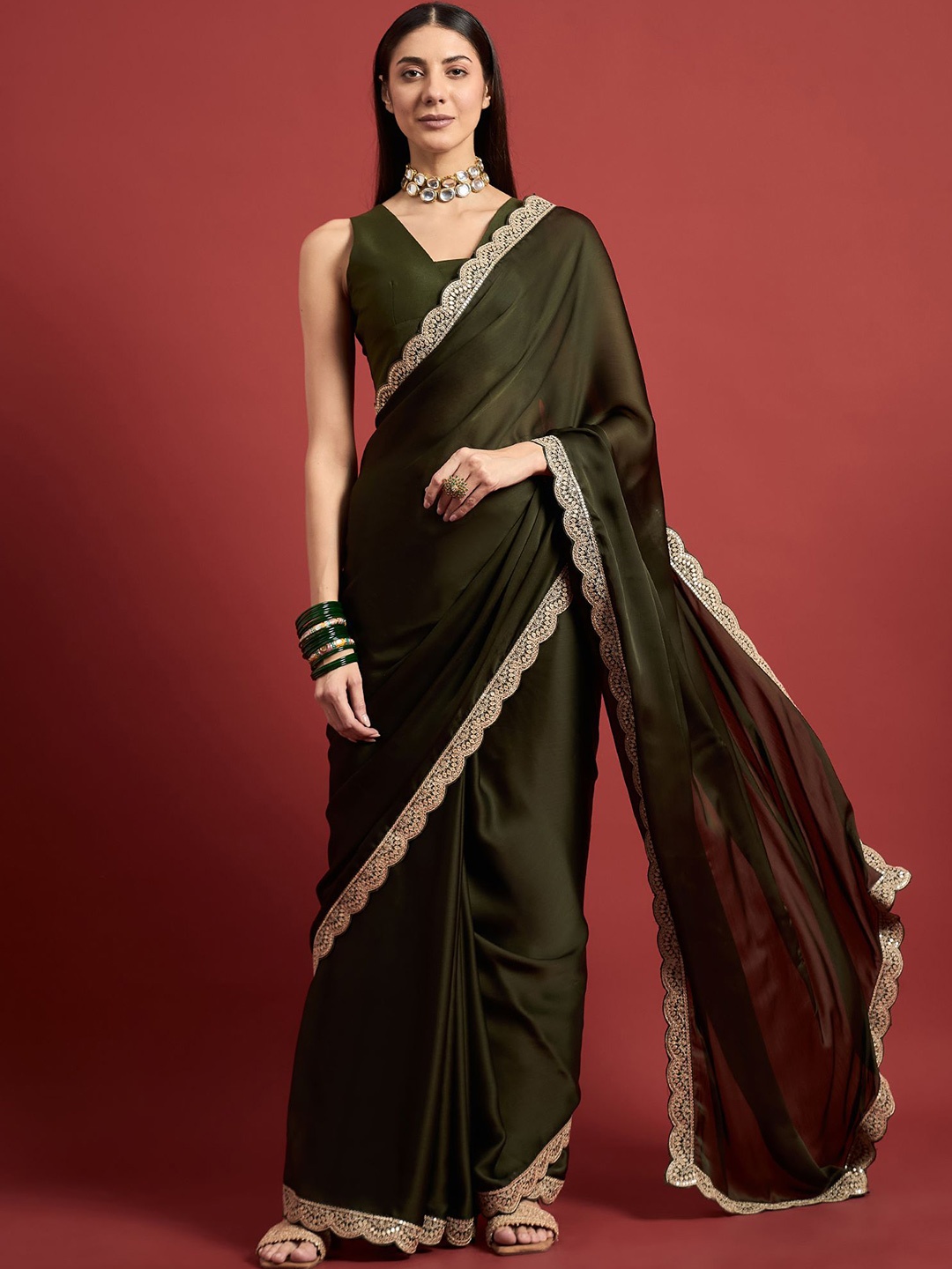 

all about you Embroidered Satin Saree, Olive