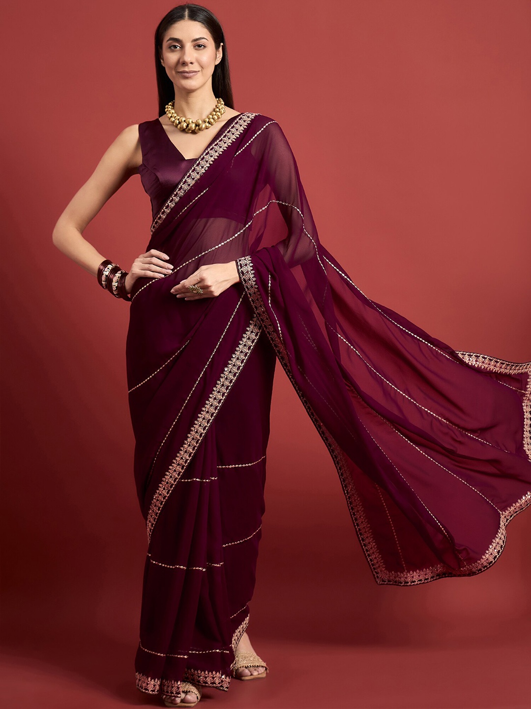 

all about you Embroidered Pure Georgette Saree, Purple