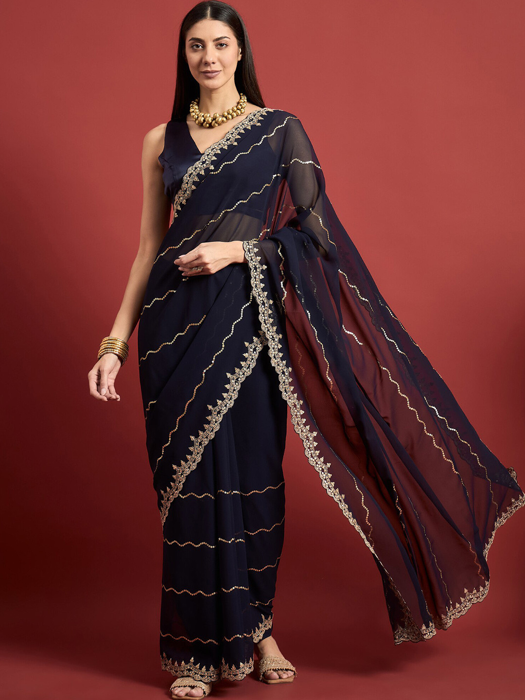 

all about you Striped Embroidered Pure Georgette Saree, Blue