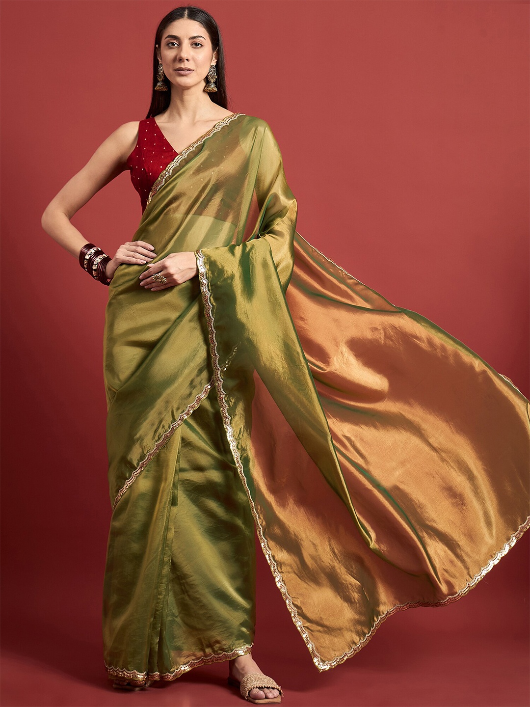 

all about you Beads and Stones Organza Saree, Green